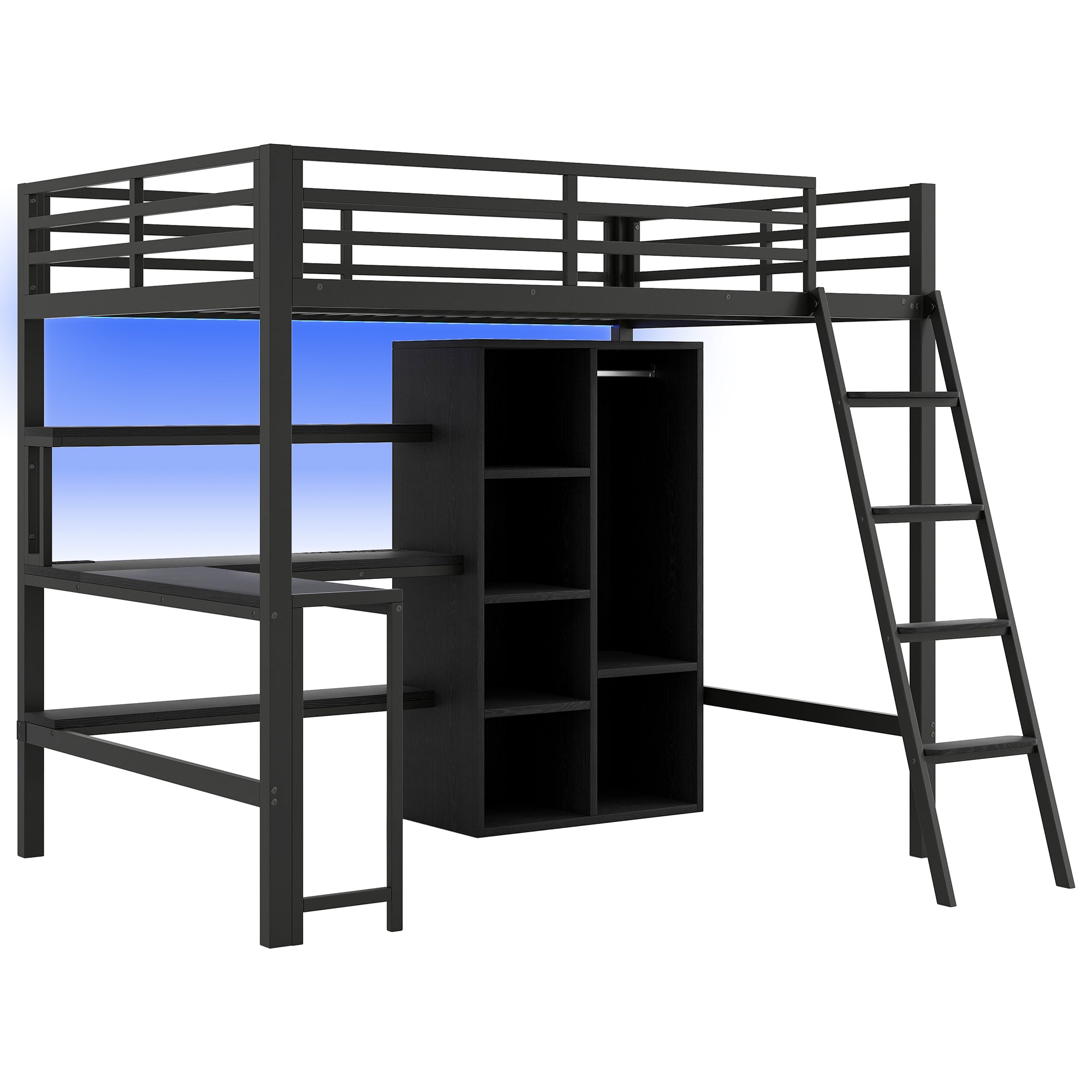 Logidon metalen hoogslaper 140x200 zwart met trap bureau USB LED