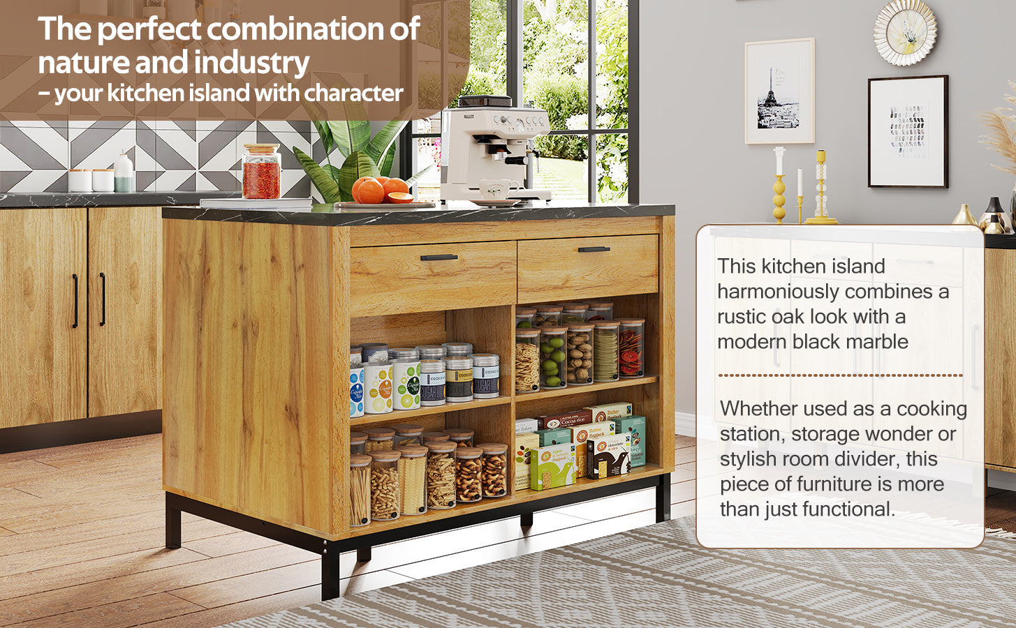 Logidon kitchen island country house style 120x75x90 cm with 2 drawers and 4 shelves