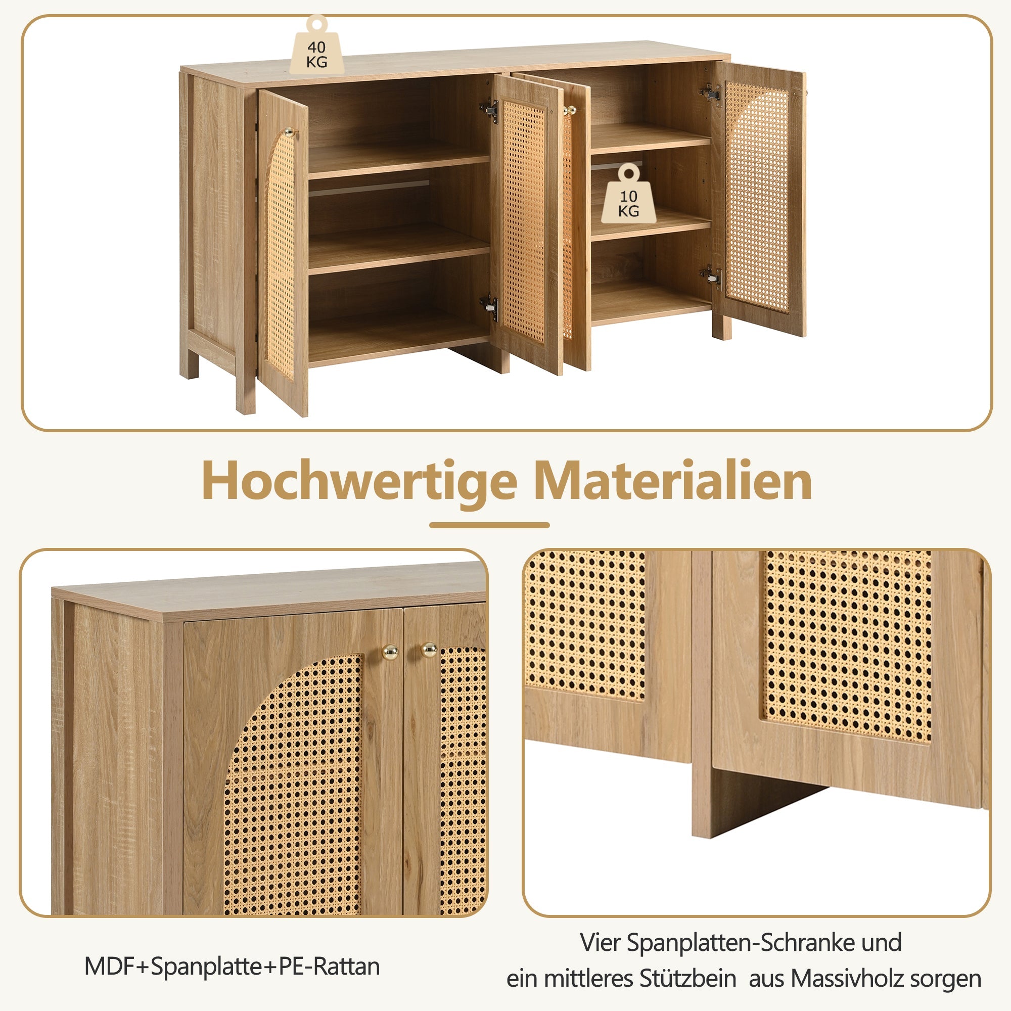Logidon Dressoir 145x40x80 cm met vier rotan deuren natuurlijk hout