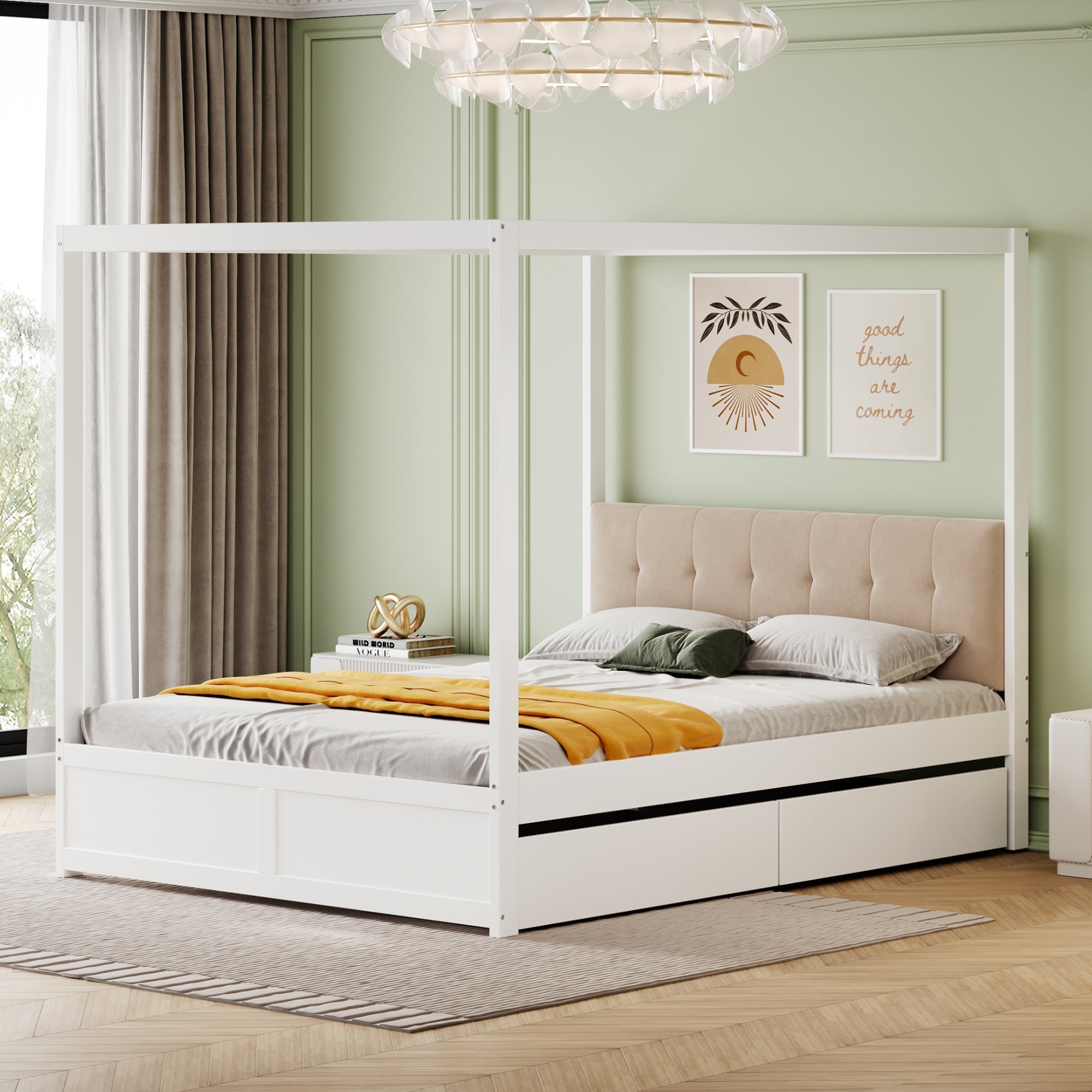 Logidon hemelbed 140x200 cm wit hout met grote opbergruimte