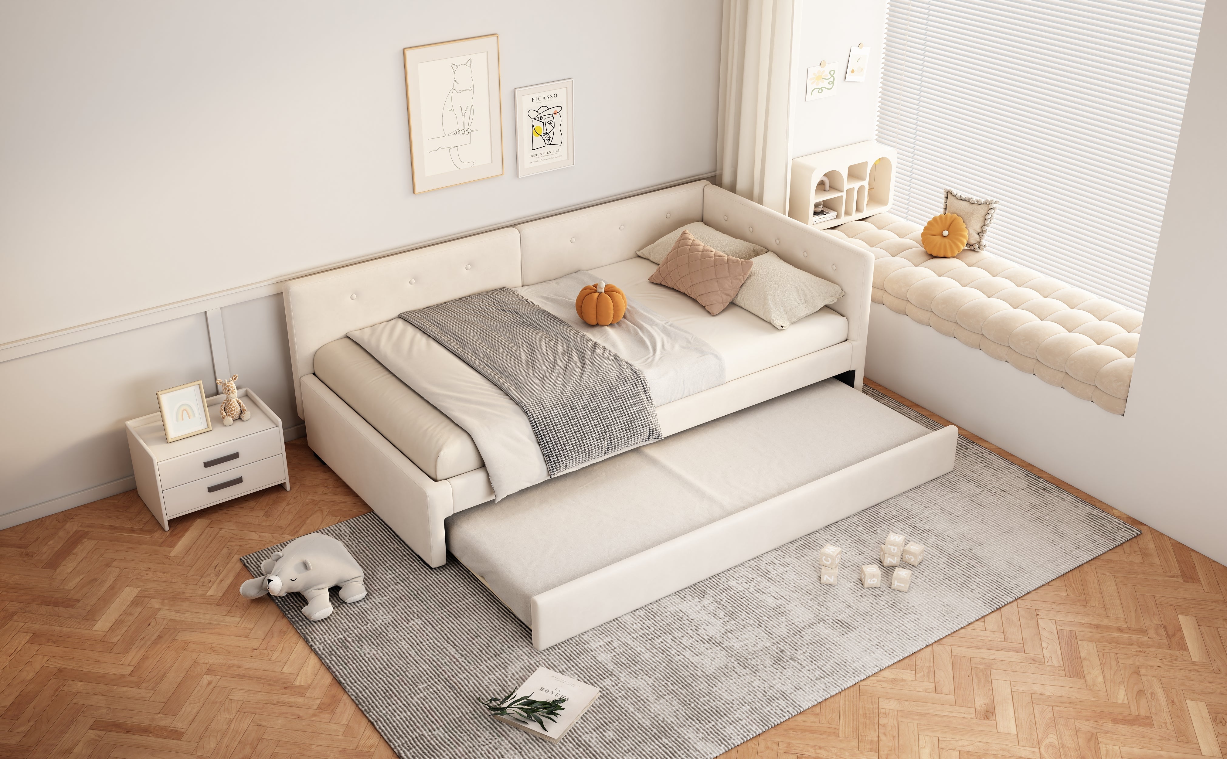 Logidon gestoffeerd bed 90x200 cm beige met lattenbodem en hoofdbord