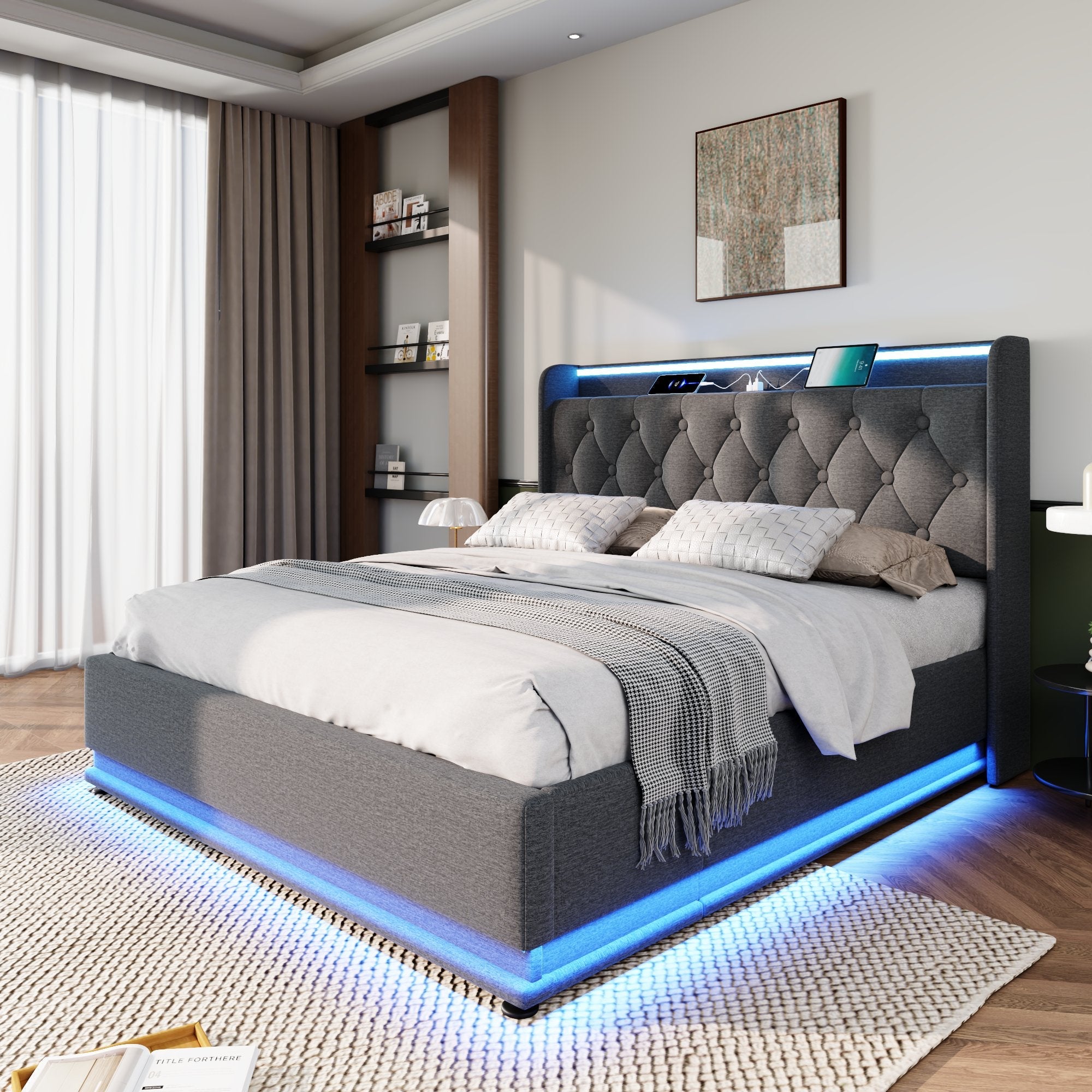 Logidon gestoffeerd bed tweepersoonsbed 180x200 cm grijs linnen LED-verlichting USB C