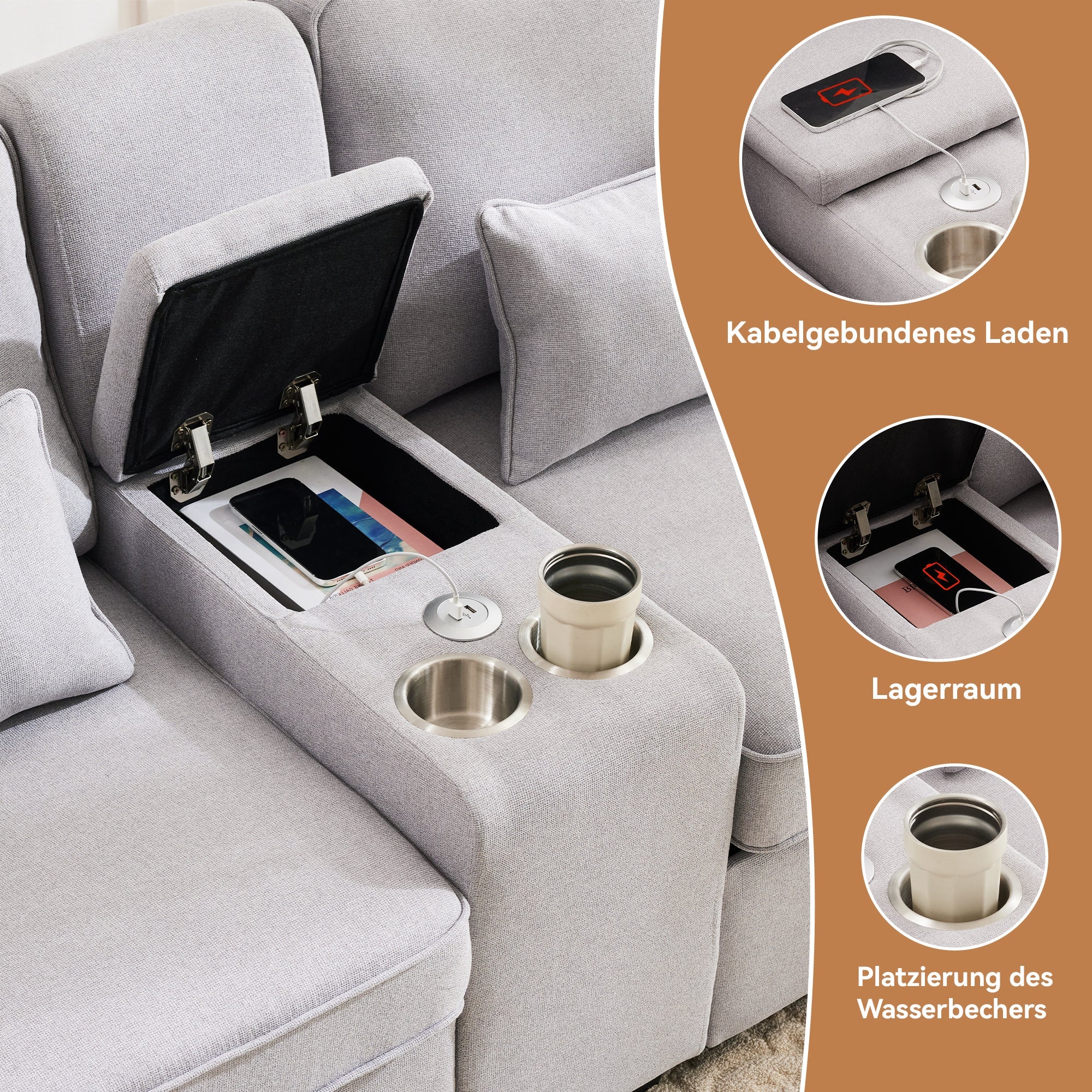 Logidon 4-zitsbank grijs met USB-oplaadpoorten bekerhouder