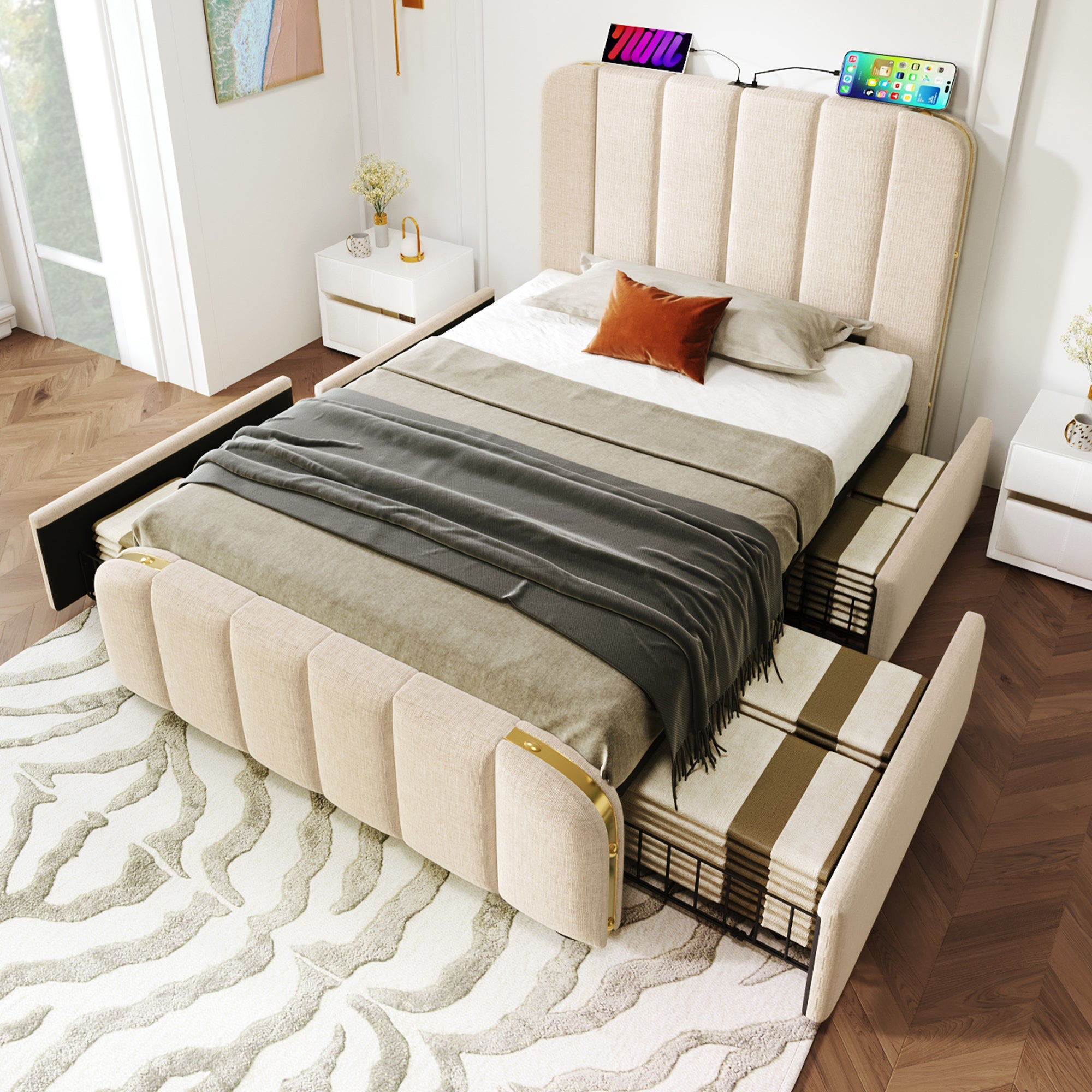 Logidon gestoffeerd bed 90x200 beige USB Type C oplaadfunctie 4 lades