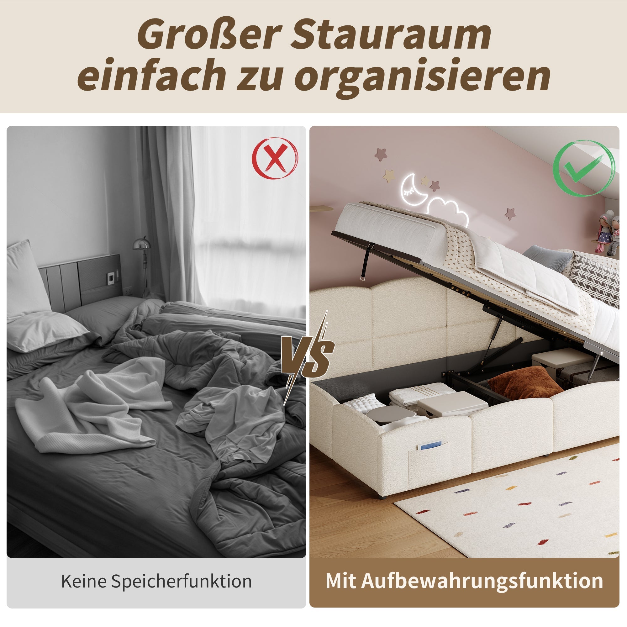 Logidon gestoffeerd bed 90x200 opbergbed slaapbank beige bouclé USB