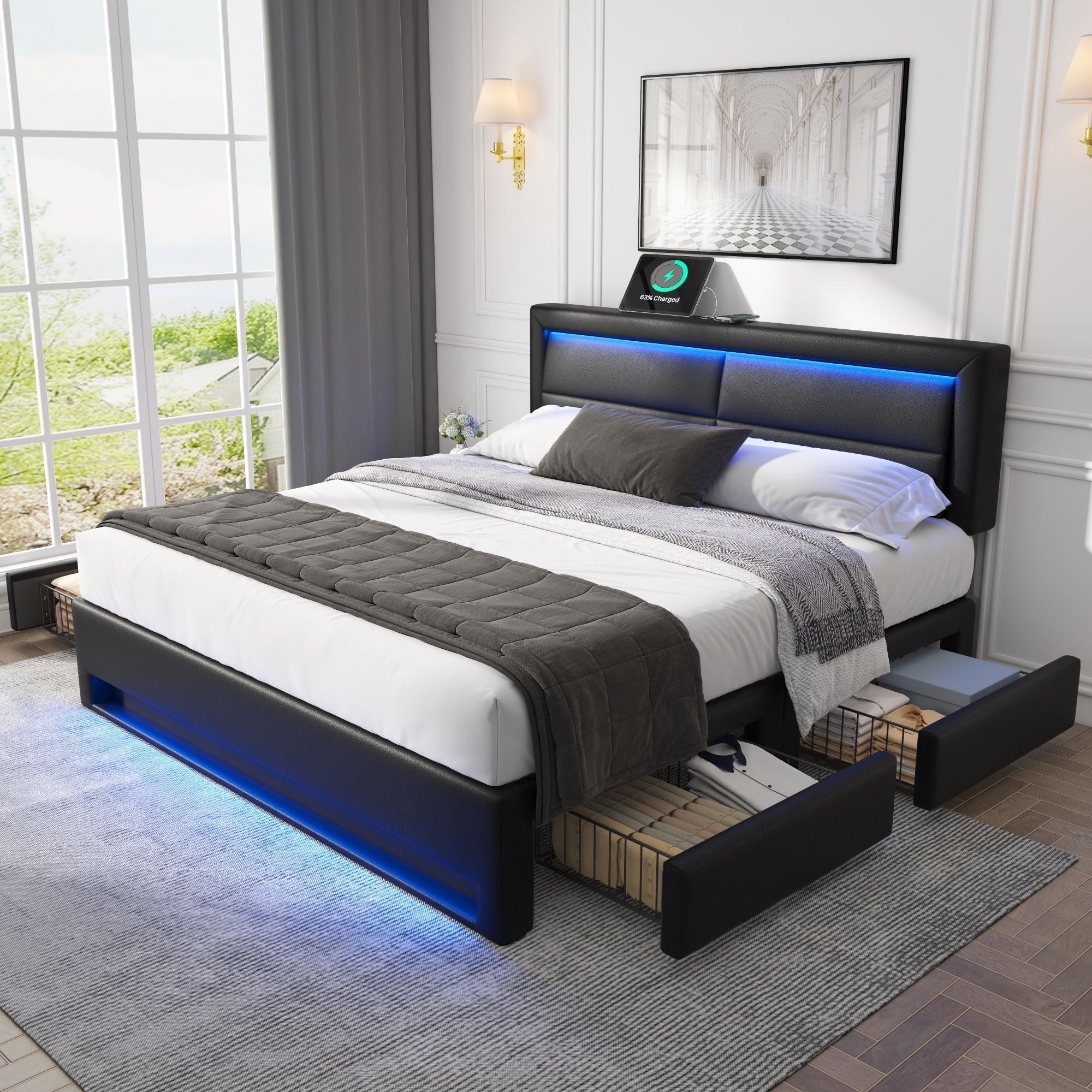 Logidon bed 140x190 cm met USB LED 4 lades zwart