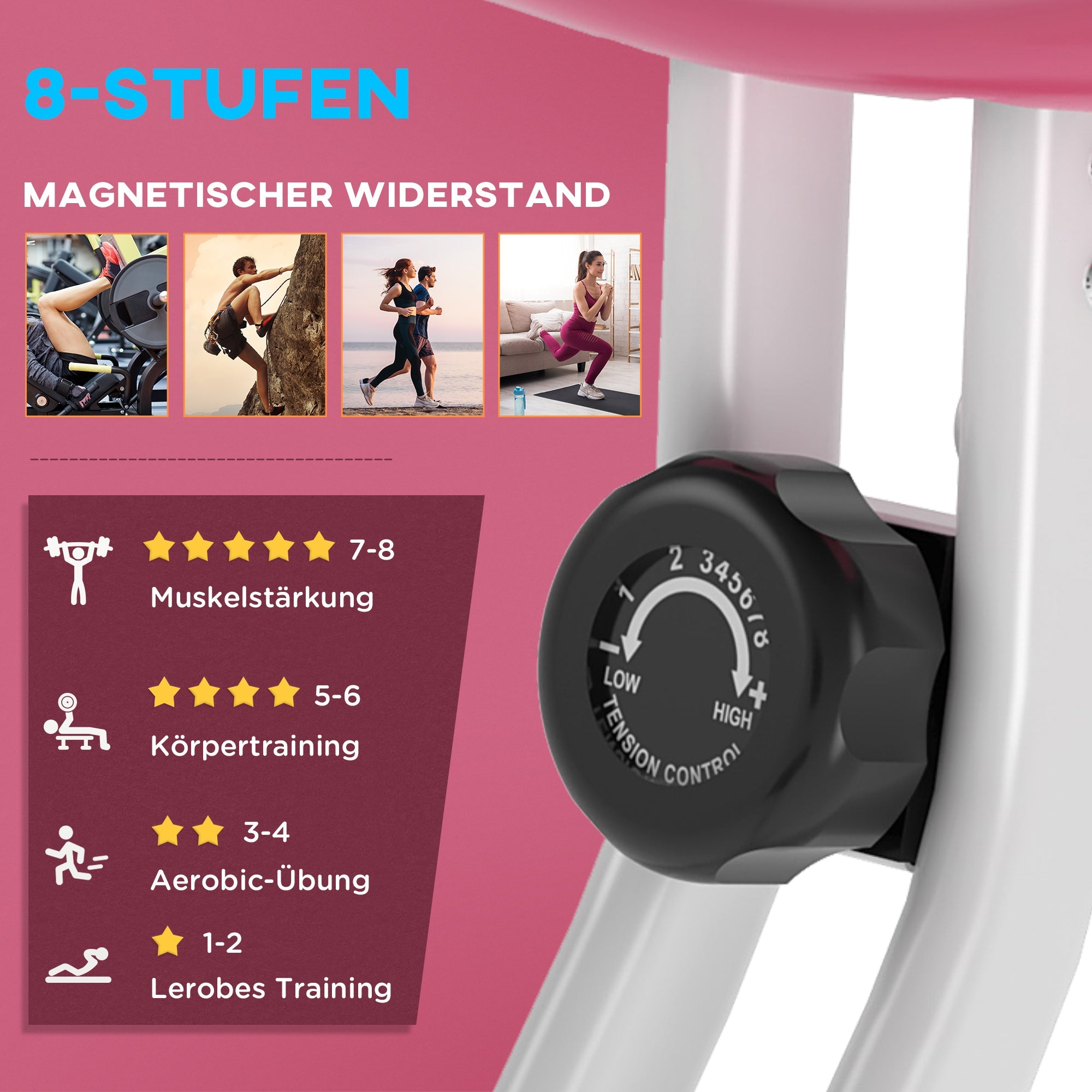 Logidon F-Bike hometrainer roze-wit 8-traps magnetische weerstand in hoogte verstelbaar