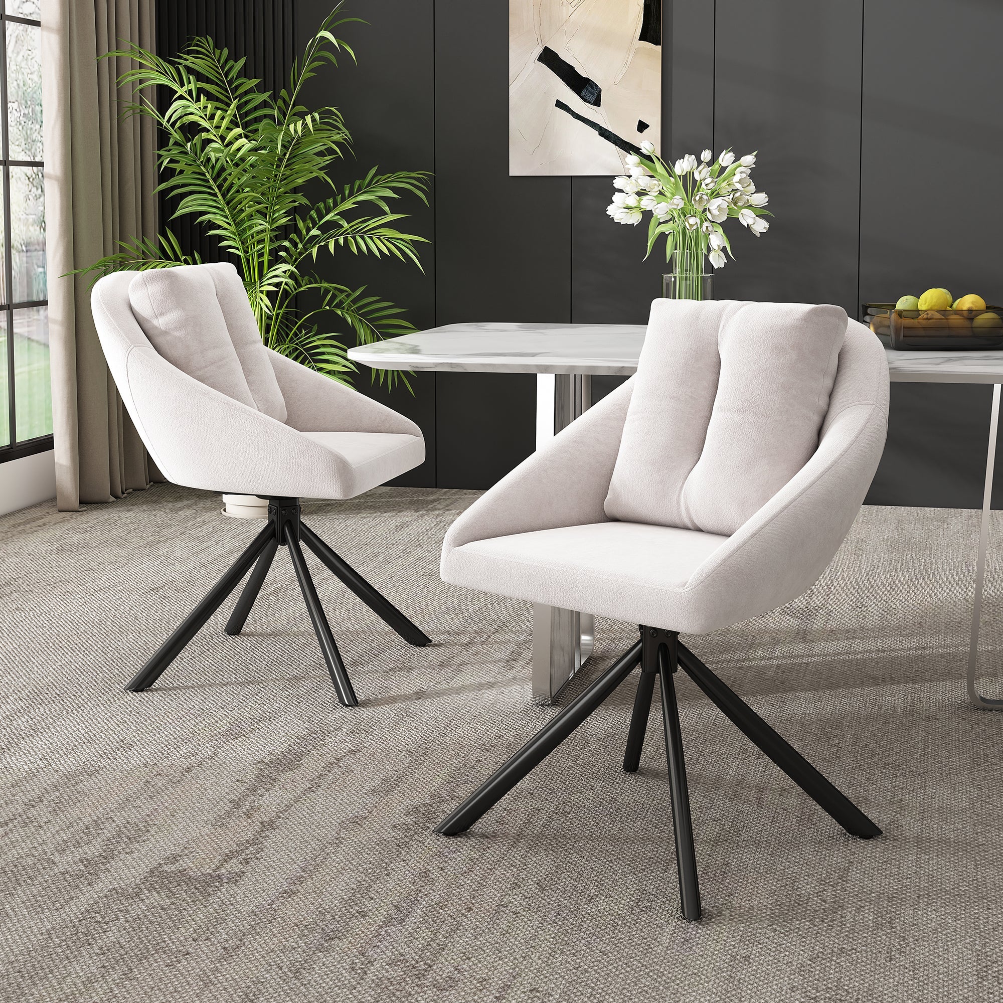 Logidon Beige Velvet Swivel Chair, Ergonomic Design, Set of 4