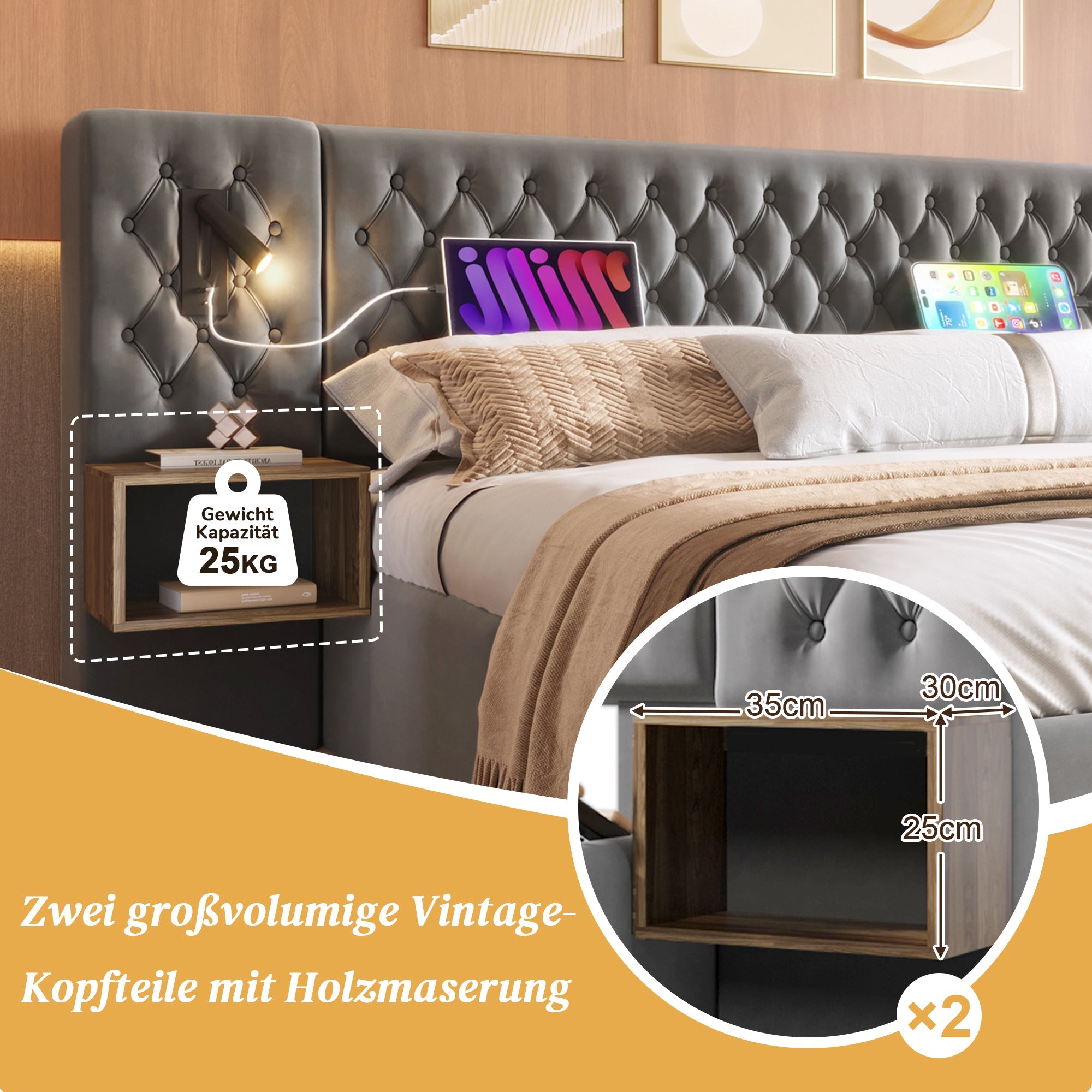 Logidon bed system 160x200 cm upholstered bed with storage space gray velvet