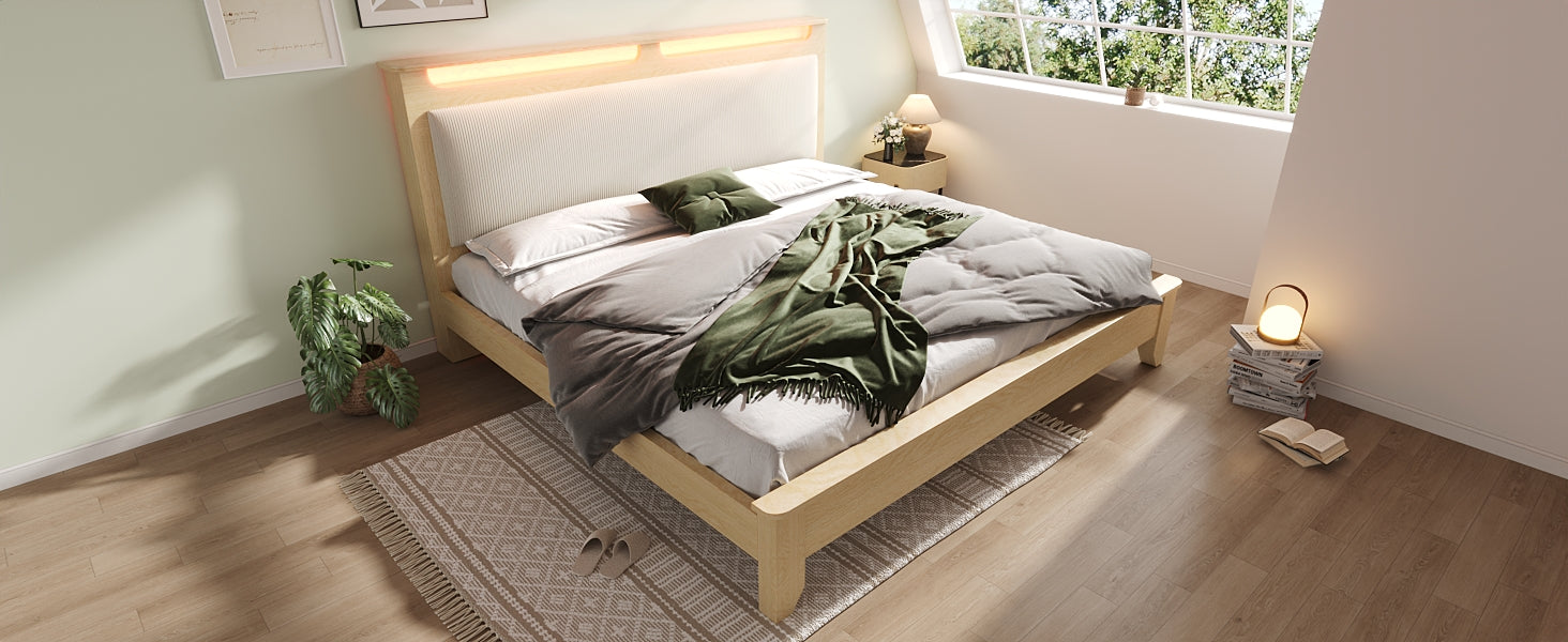 Logidon double bed 140x200 cm beige LED lighting headboard storage space