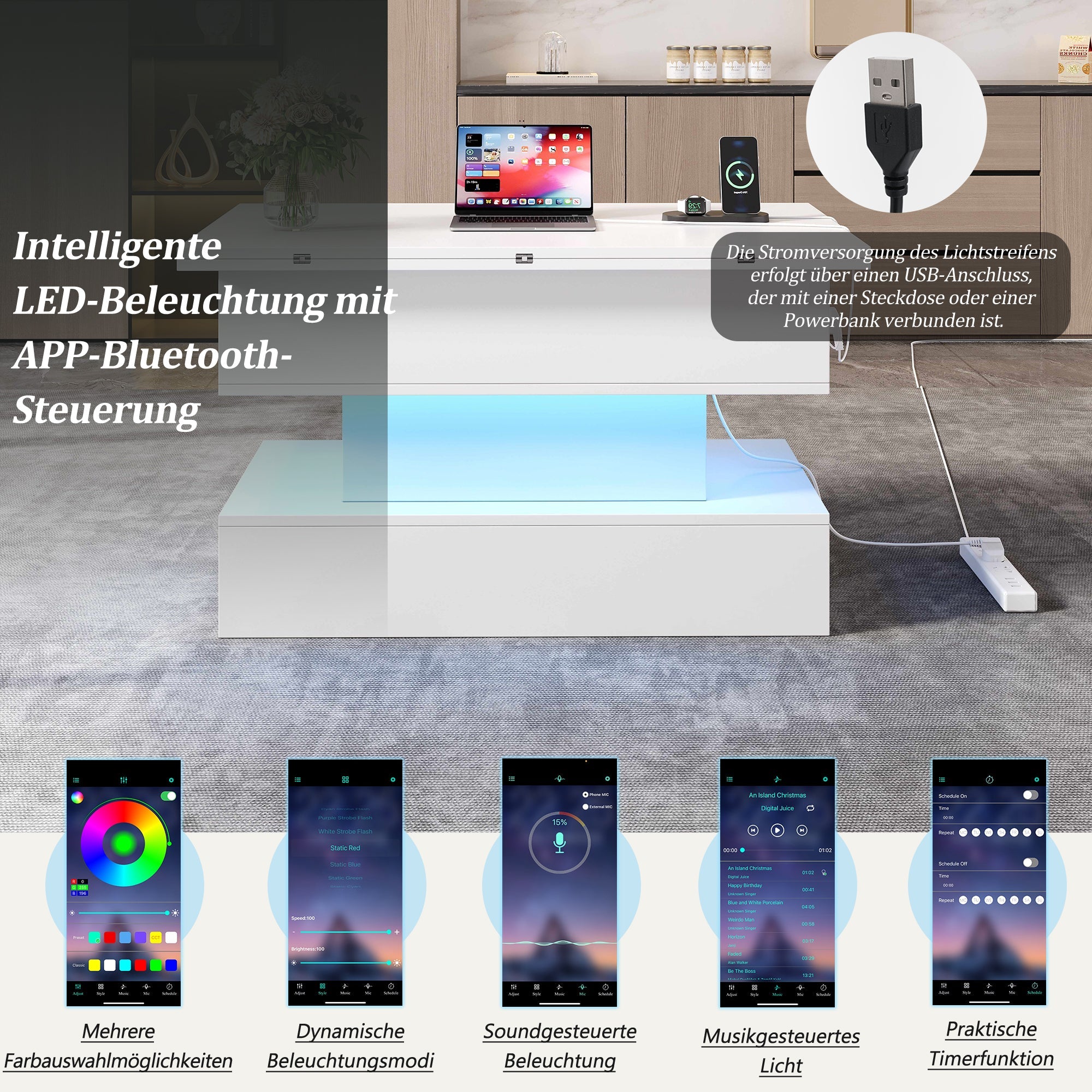 Logidon salontafel met USB-C oplaadaansluiting en LED-licht, in hoogte verstelbaar