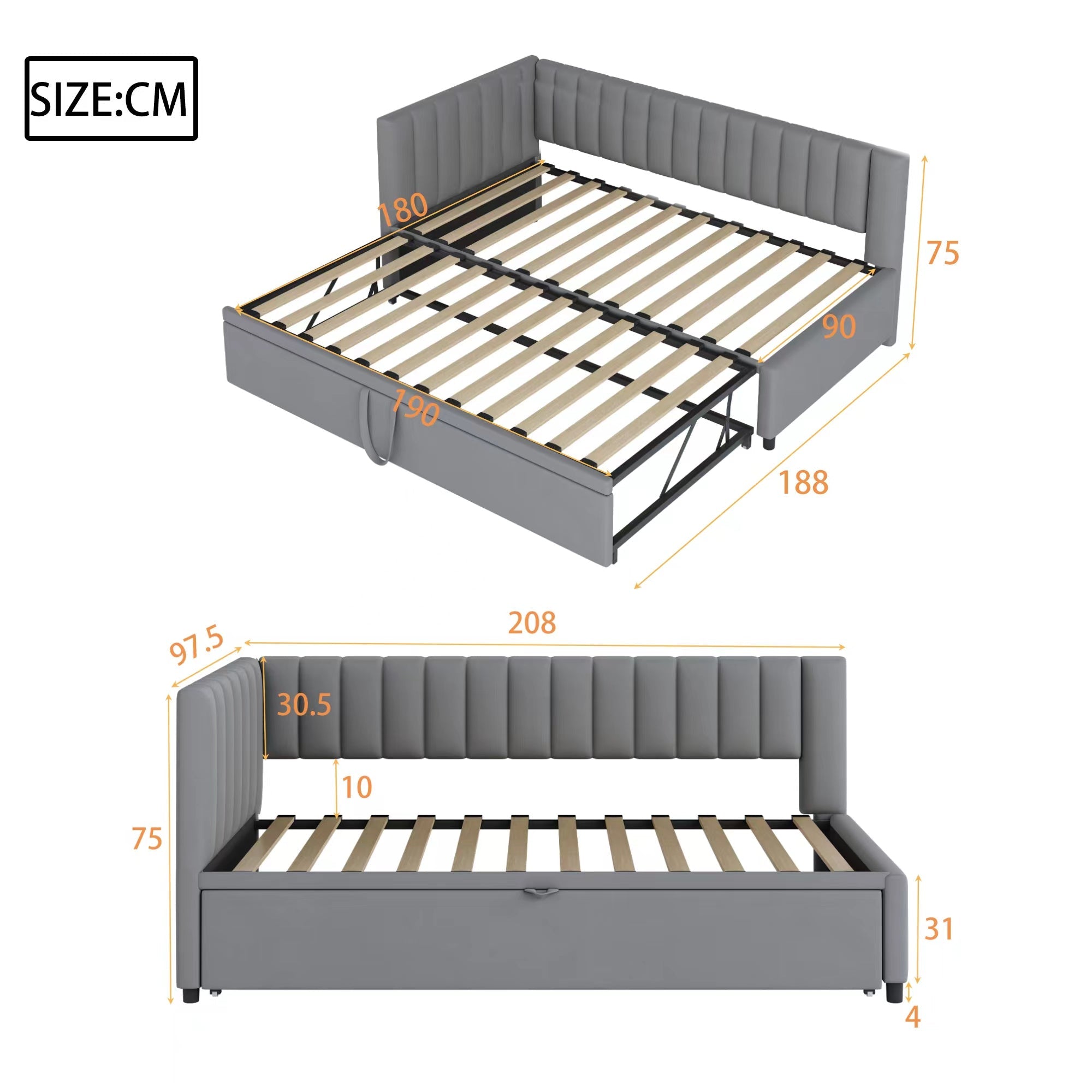 Logidon L-vorm slaapbank fluweelgrijs met onderschuifbed 90x200/180x200