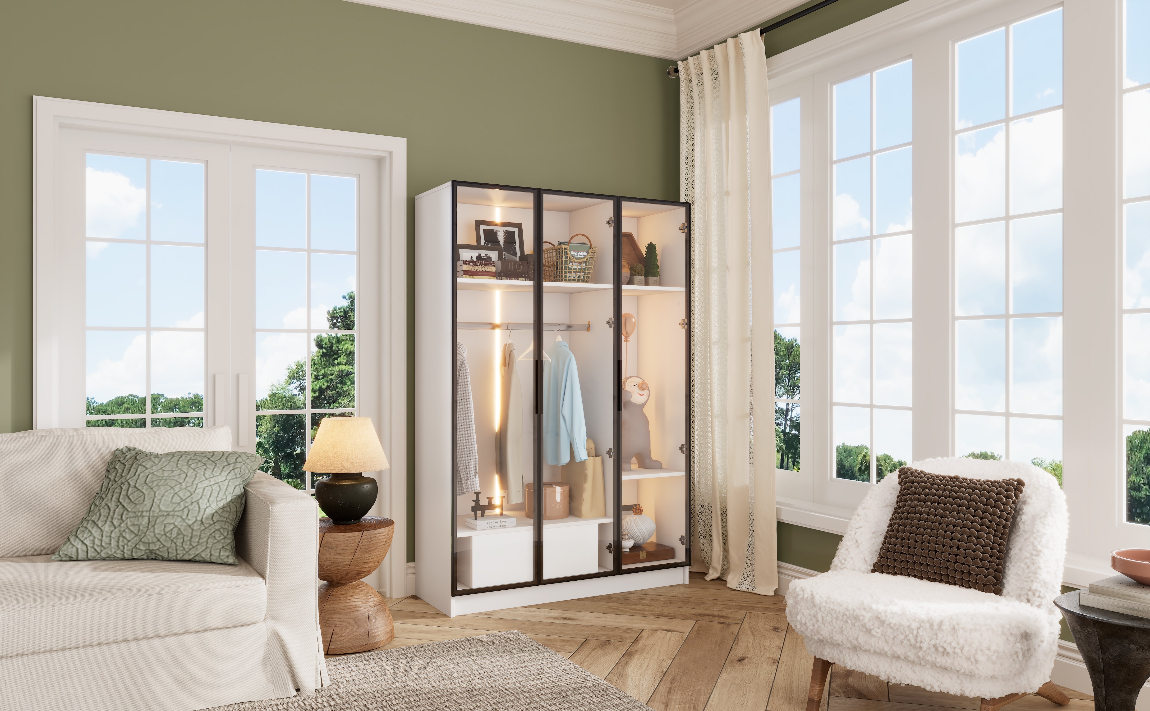 Logidon Witte kledingkast 110x50x160 cm met 3 glazen deuren LED