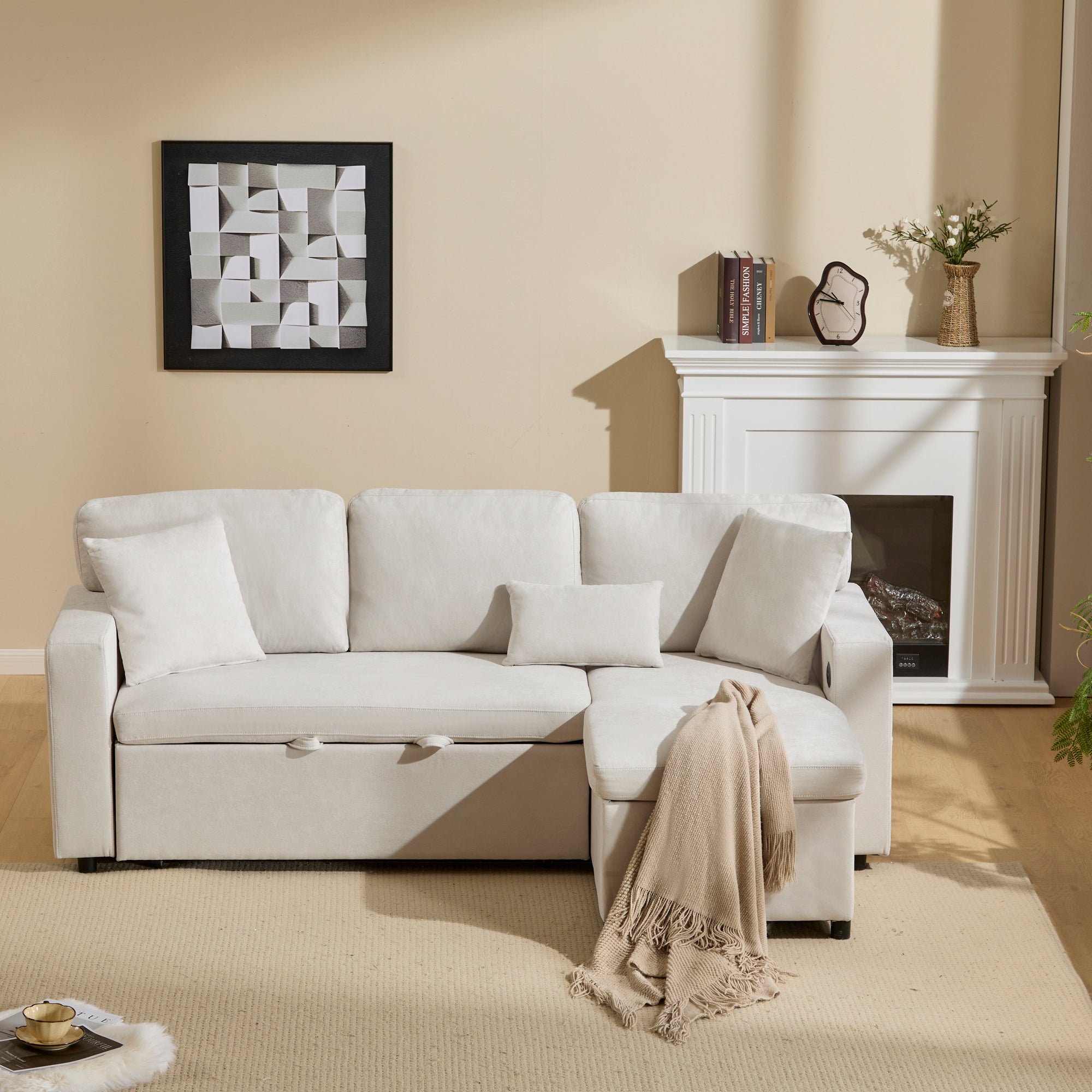 Logidon corner sofa bed L-shape extendable beige with bed box shelf