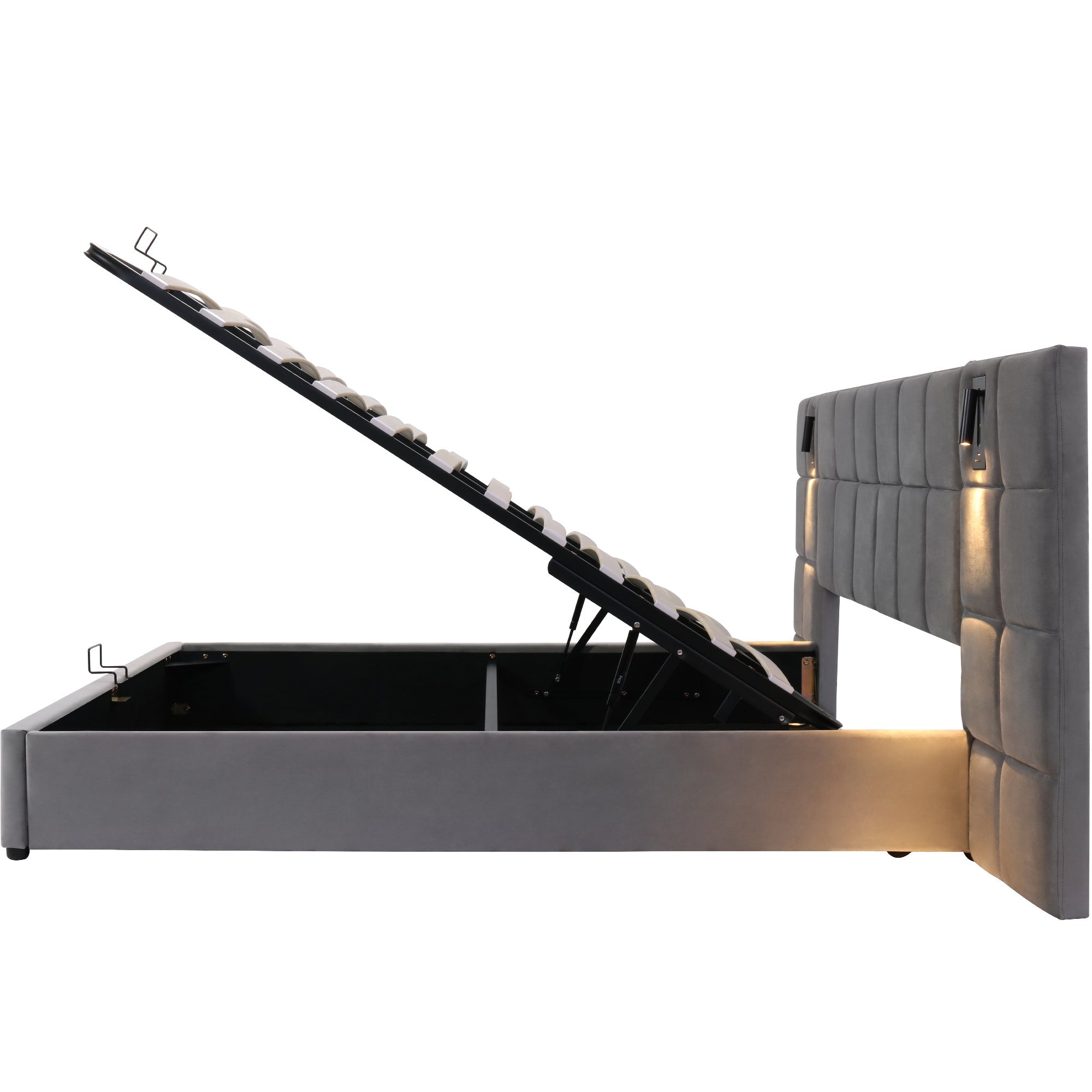 Logidon upholstered bed 160x200 cm gray velvet with storage space reading lamp USB