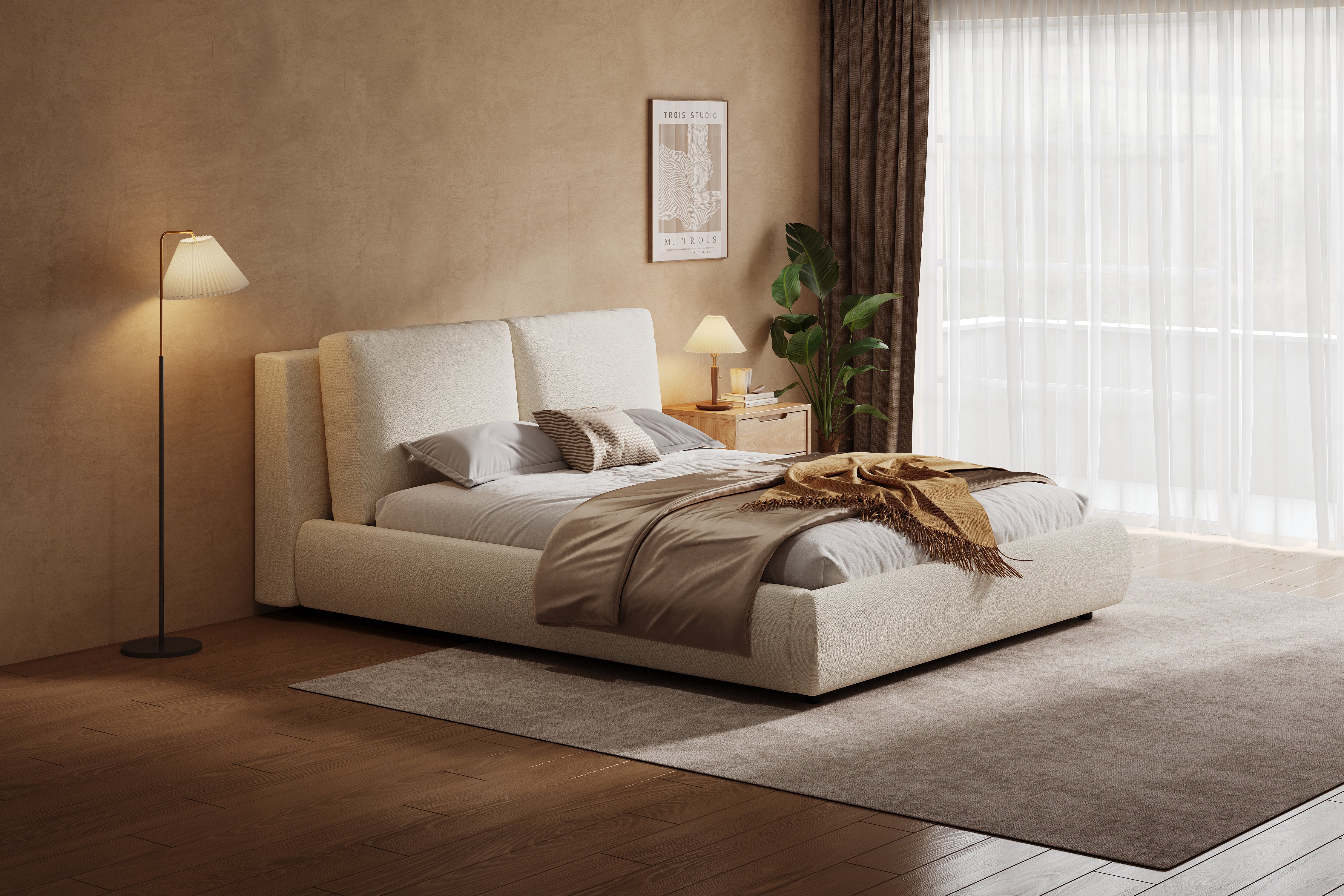Logidon gestoffeerd bed 180x200 cm met opbergruimte en hydrauliek beige bouclé