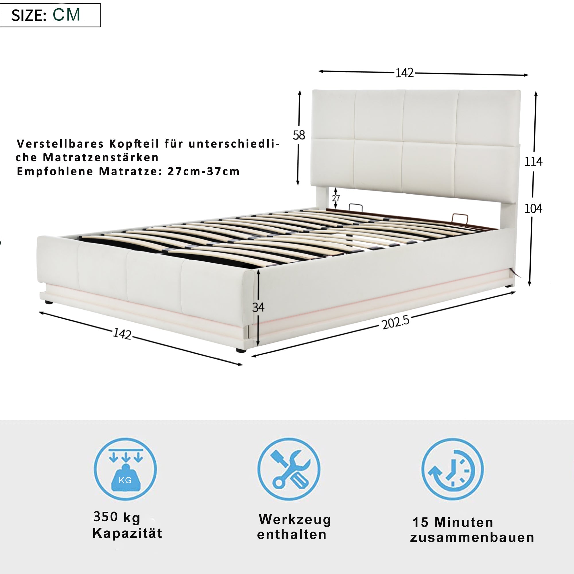 Logidon gestoffeerd bed 140x200 cm wit met LED-verlichting en bedstee