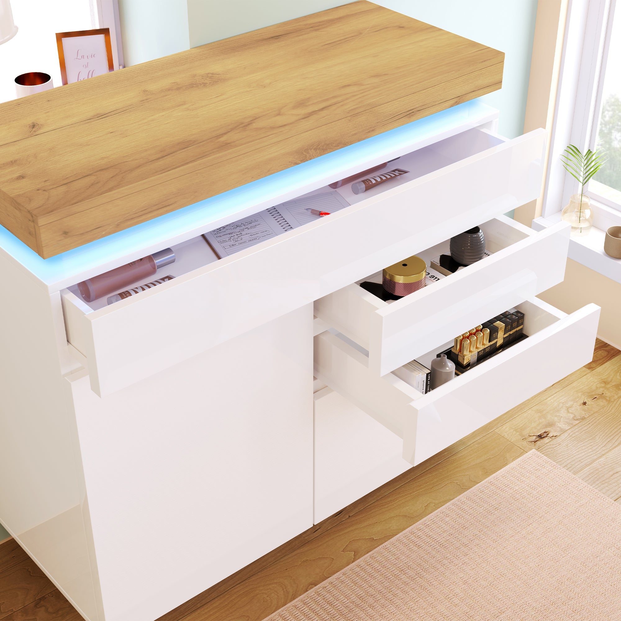 Logidon high gloss chest of drawers white LED lighting app control 2 doors