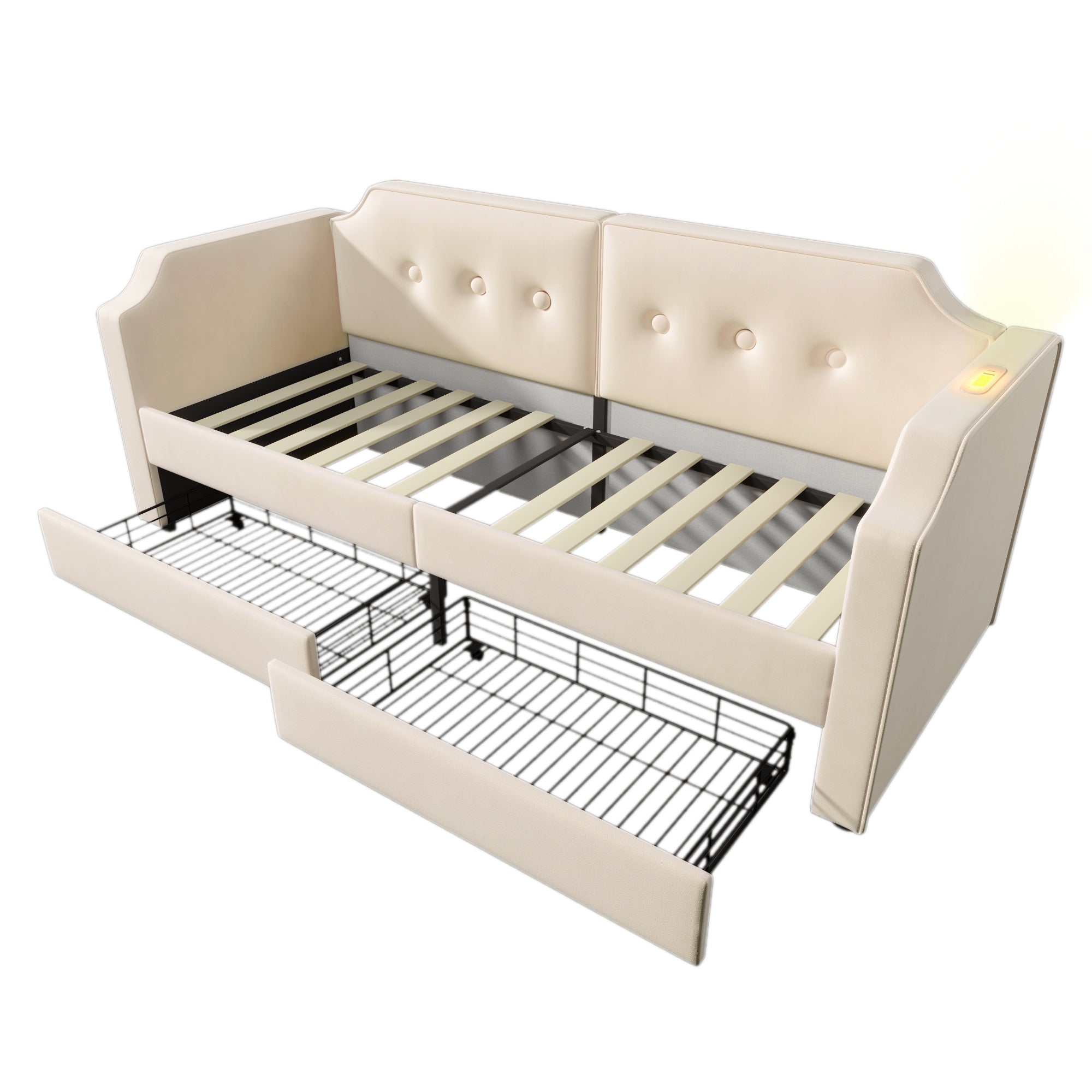 Logidon gestoffeerd bed 90x200 cm beige fluweel met USB-C oplaadpunt leeslampje