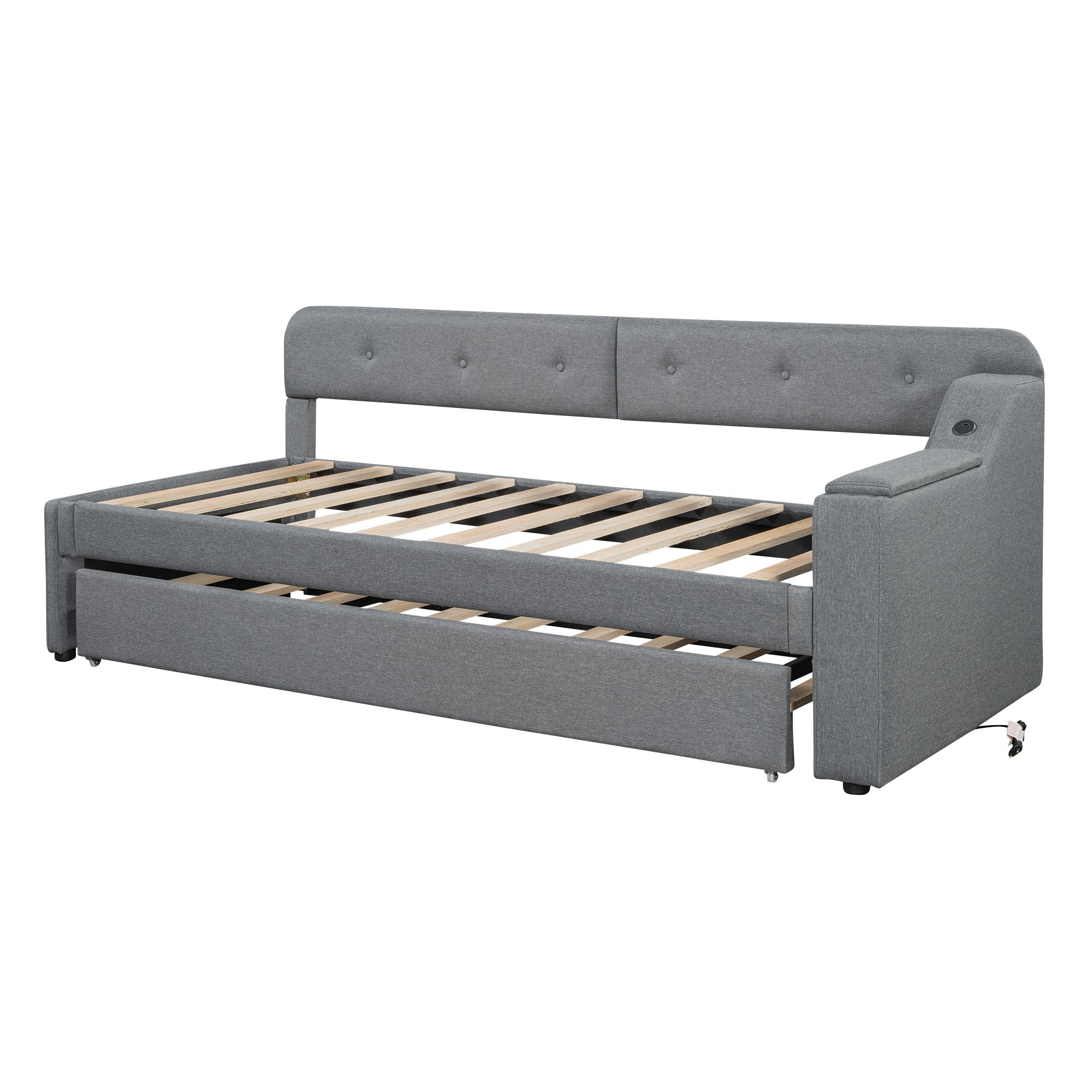 Logidon slaapbank 90x200 cm grijs linnen met USB Type C lattenbodem