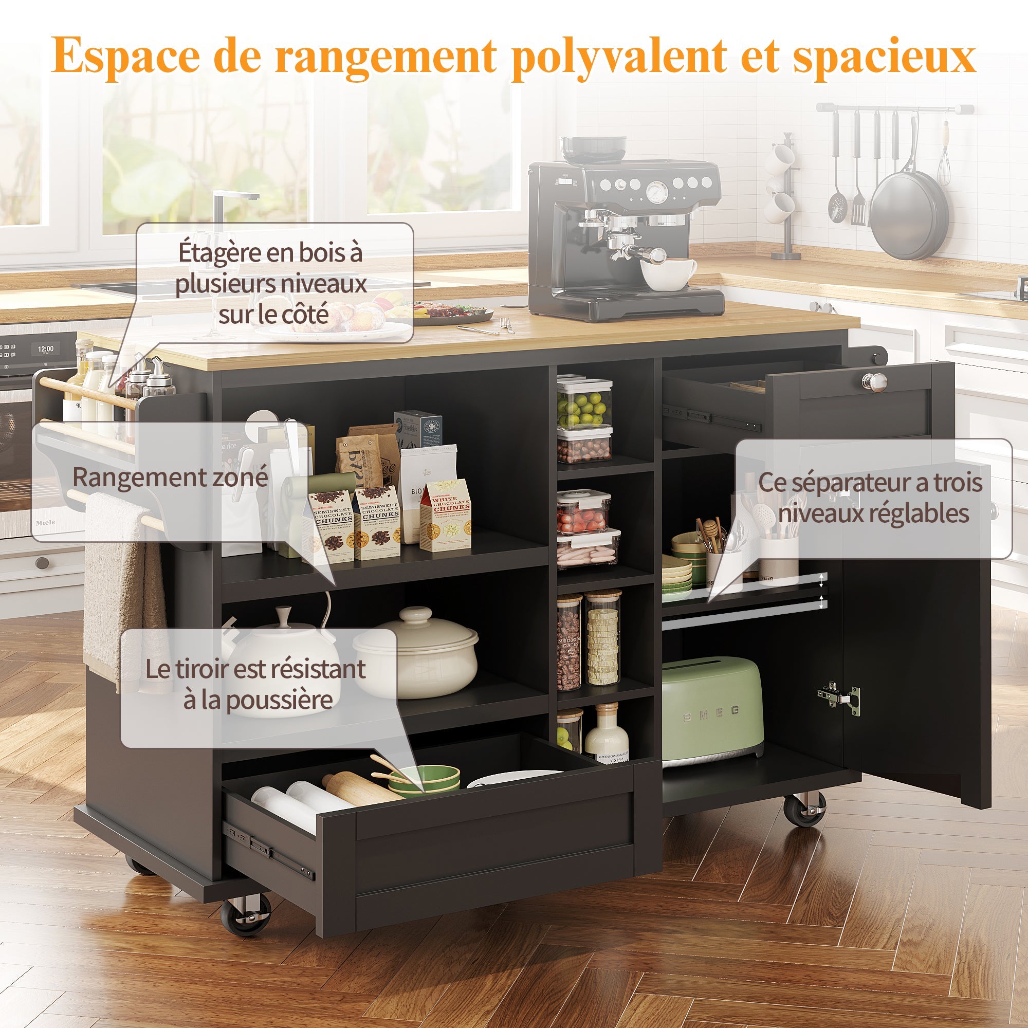 Logidon dining room trolley black with wooden top, drawers and cupboards