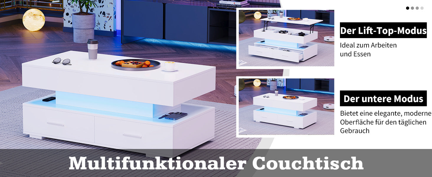 Logidon Hydraulisch in hoogte verstelbare salontafel 100x50x44 cm Wit LED