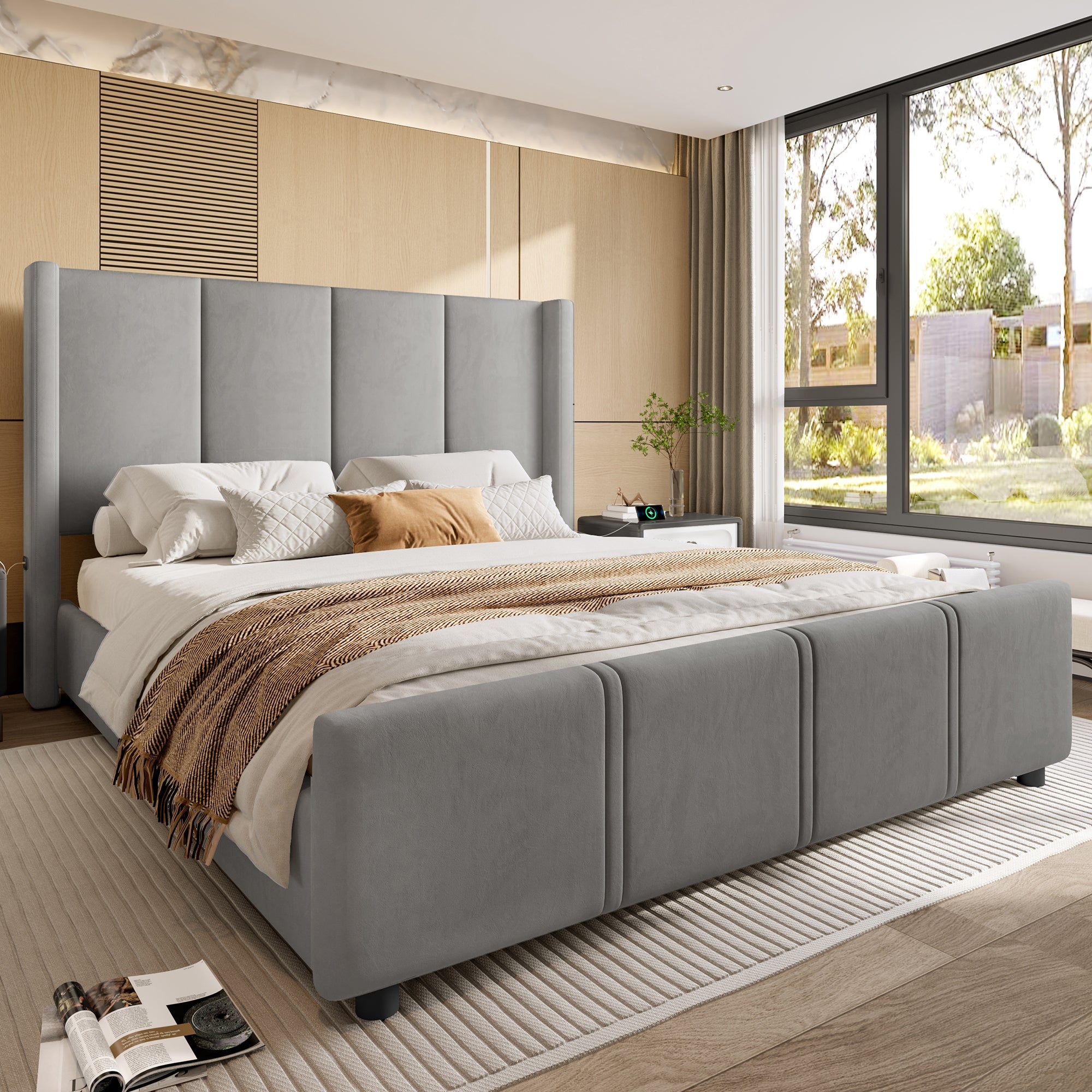 Logidon gestoffeerd bedframe 140x200 cm grijs met USB aansluiting