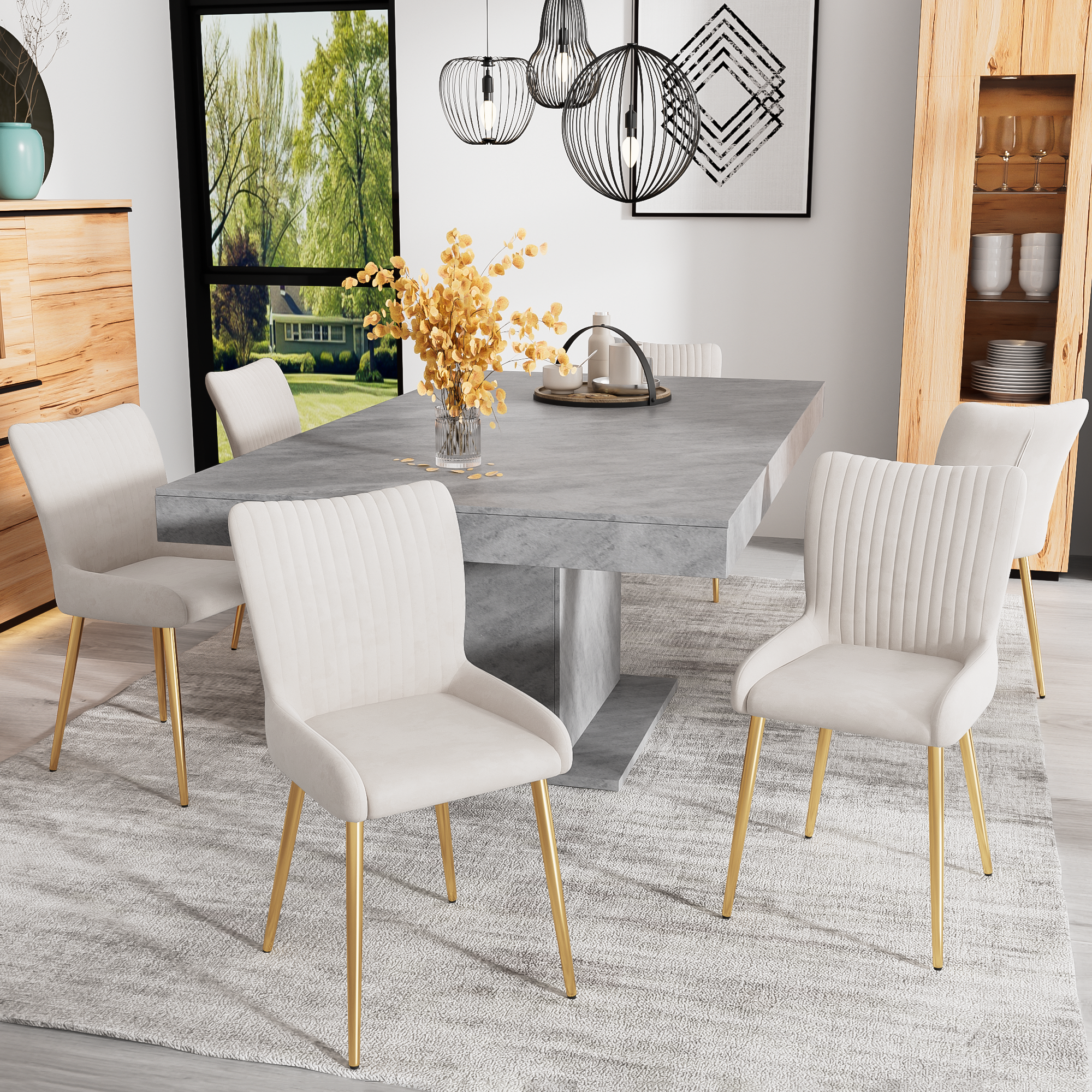 Logidon fluwelen eetkamerstoelen beige, set van 6 met goudkleurige metalen poten
