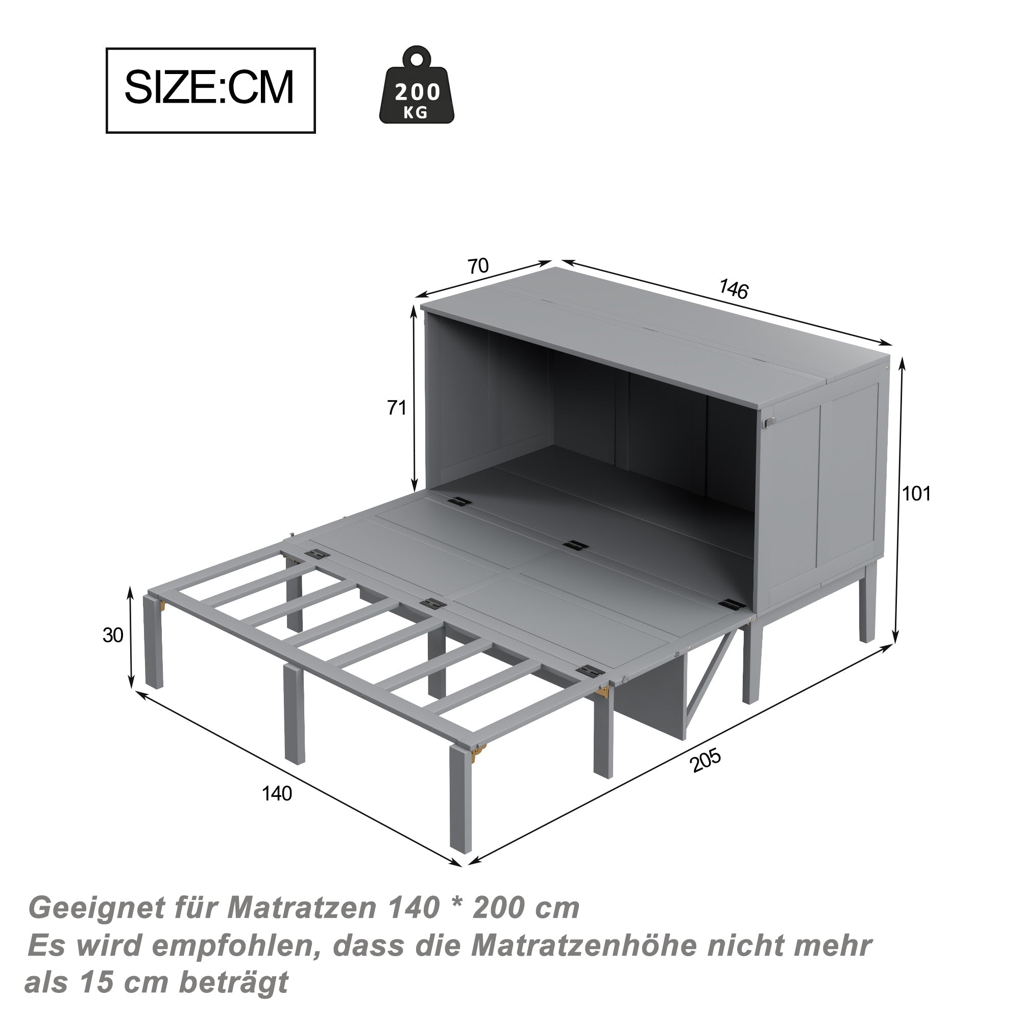Logidon bedkast 140x200 cm grijs opklapbed met lattenbodem