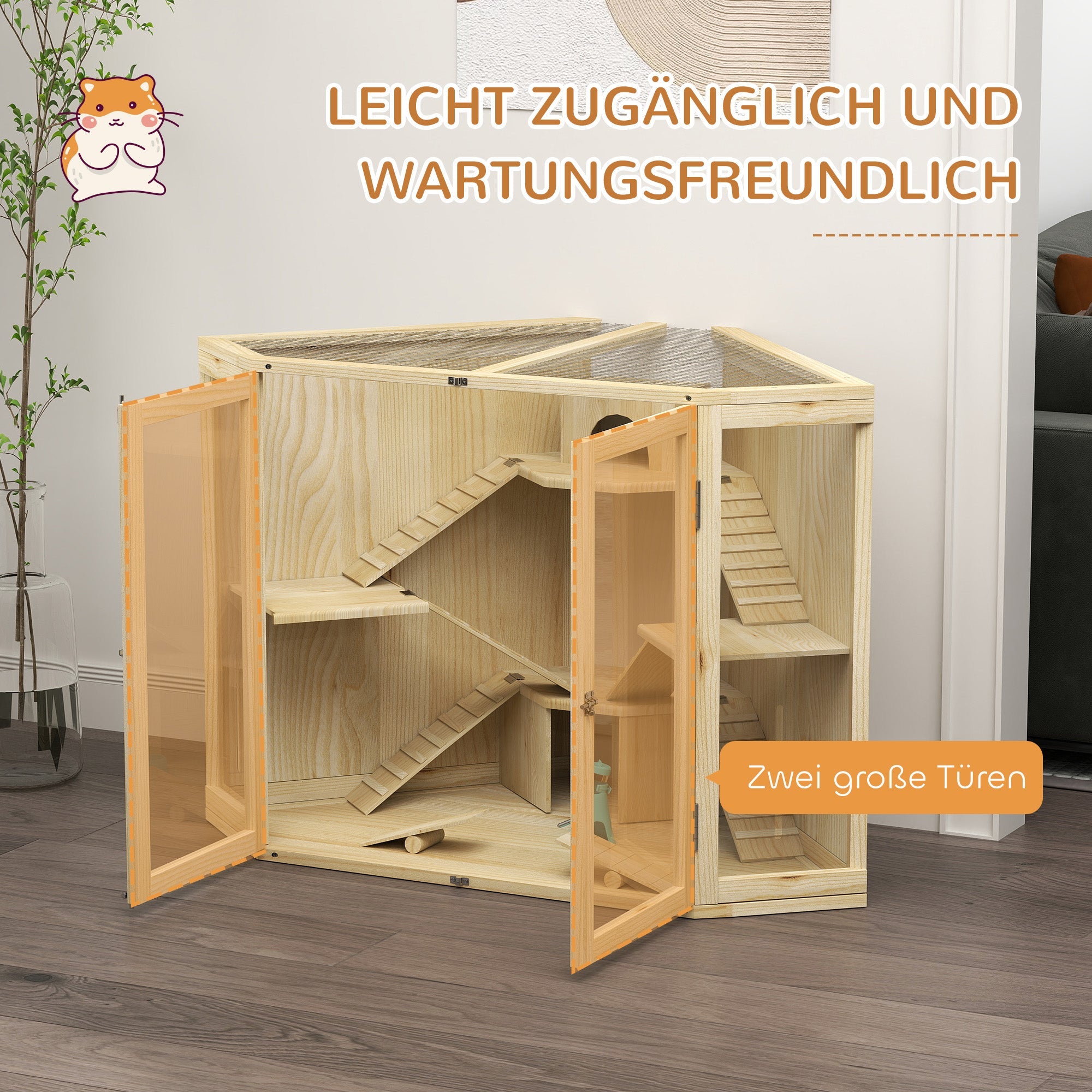 Logidon hamsterkooi hout naturel 4 niveaus voerstation