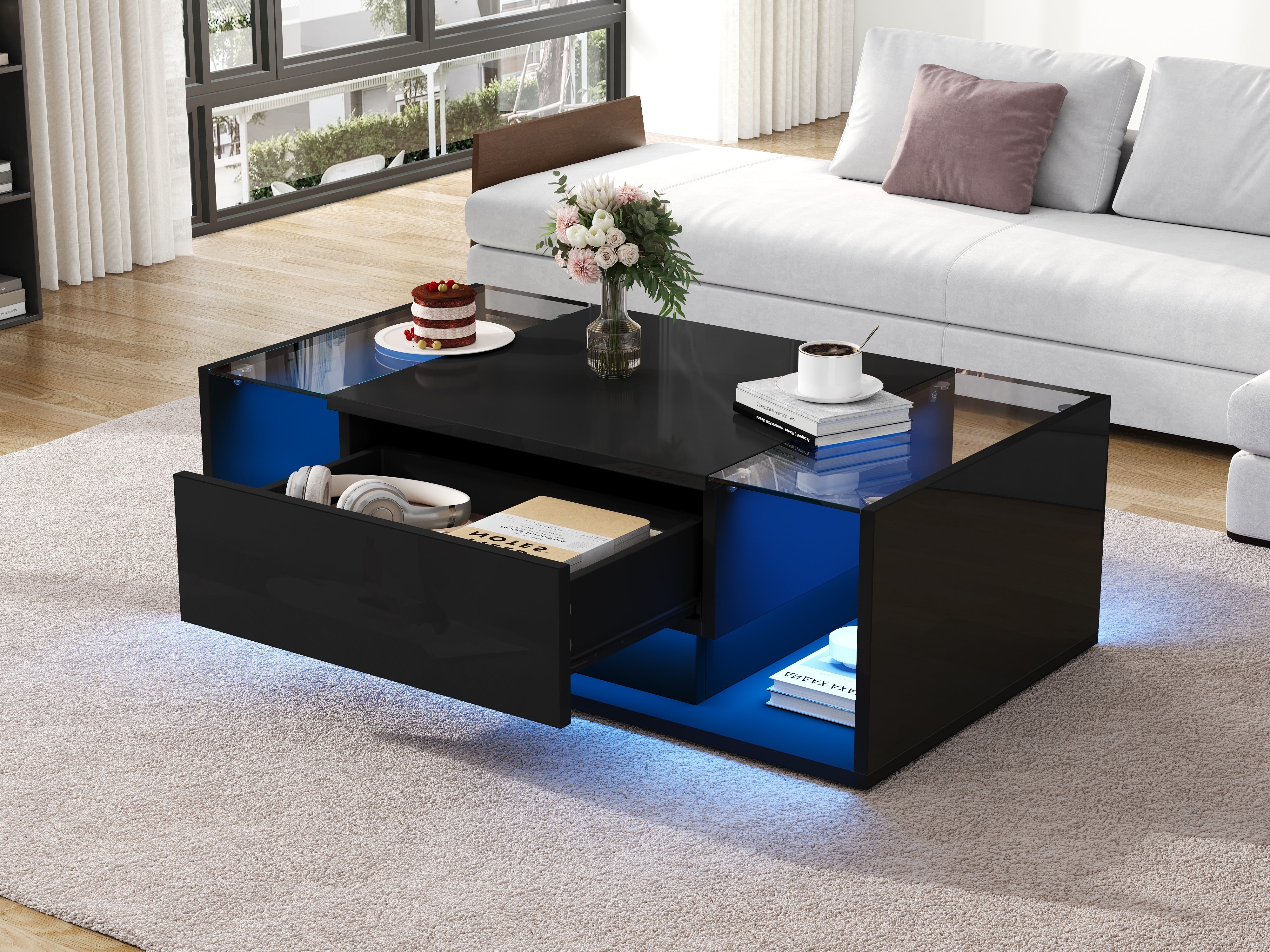 Logidon Zwarte hoogglans salontafel 100x50x31 cm met lade LED lichtstrip