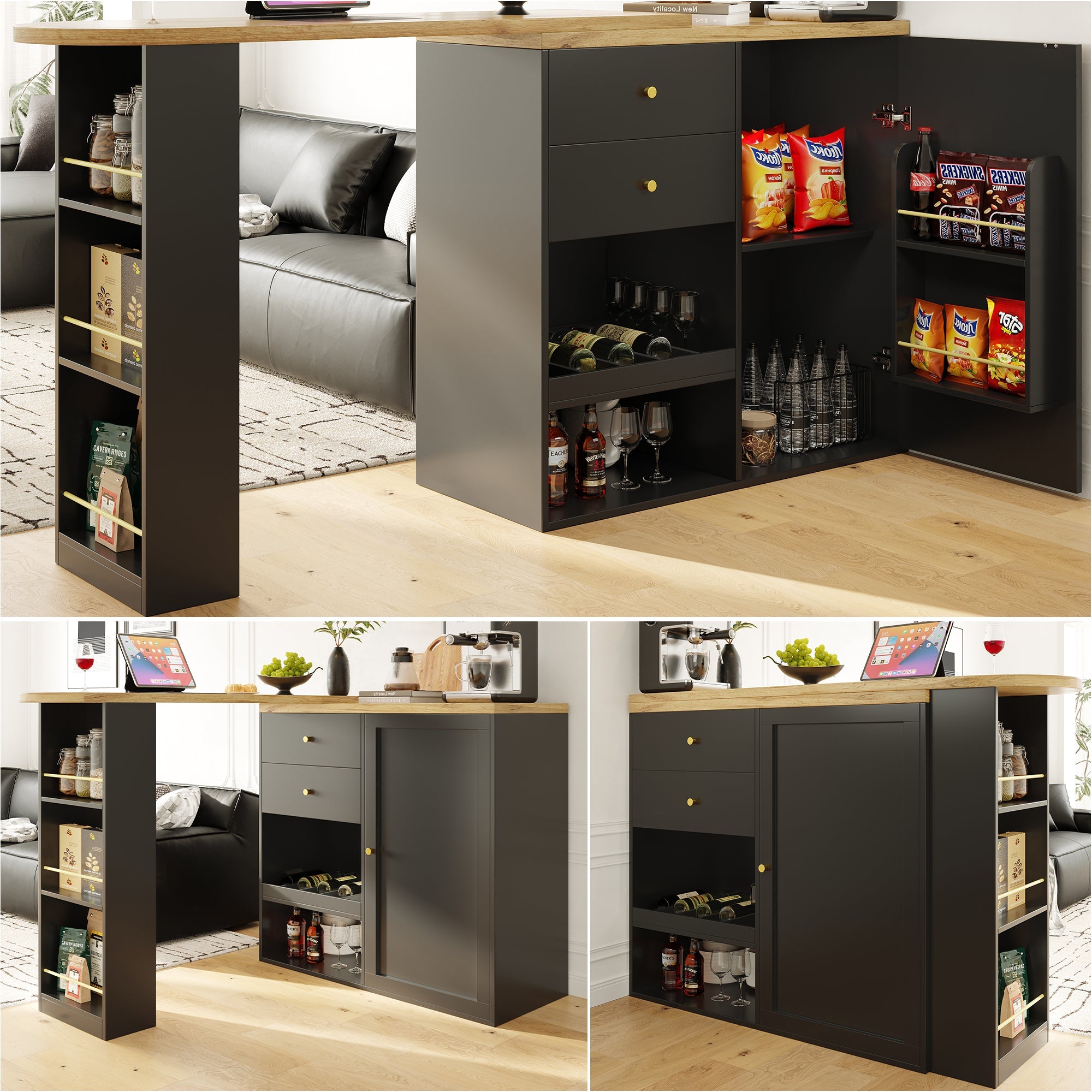 Logidon 360° draaibare bartafel 138 cm zwart met 2 lades