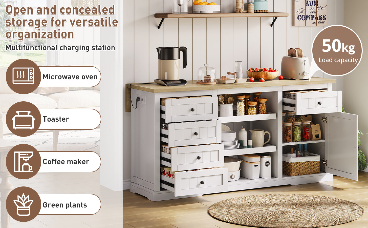 Logidon dressoir keukeneiland wit houten blad 5 laden 150x65x75 cm