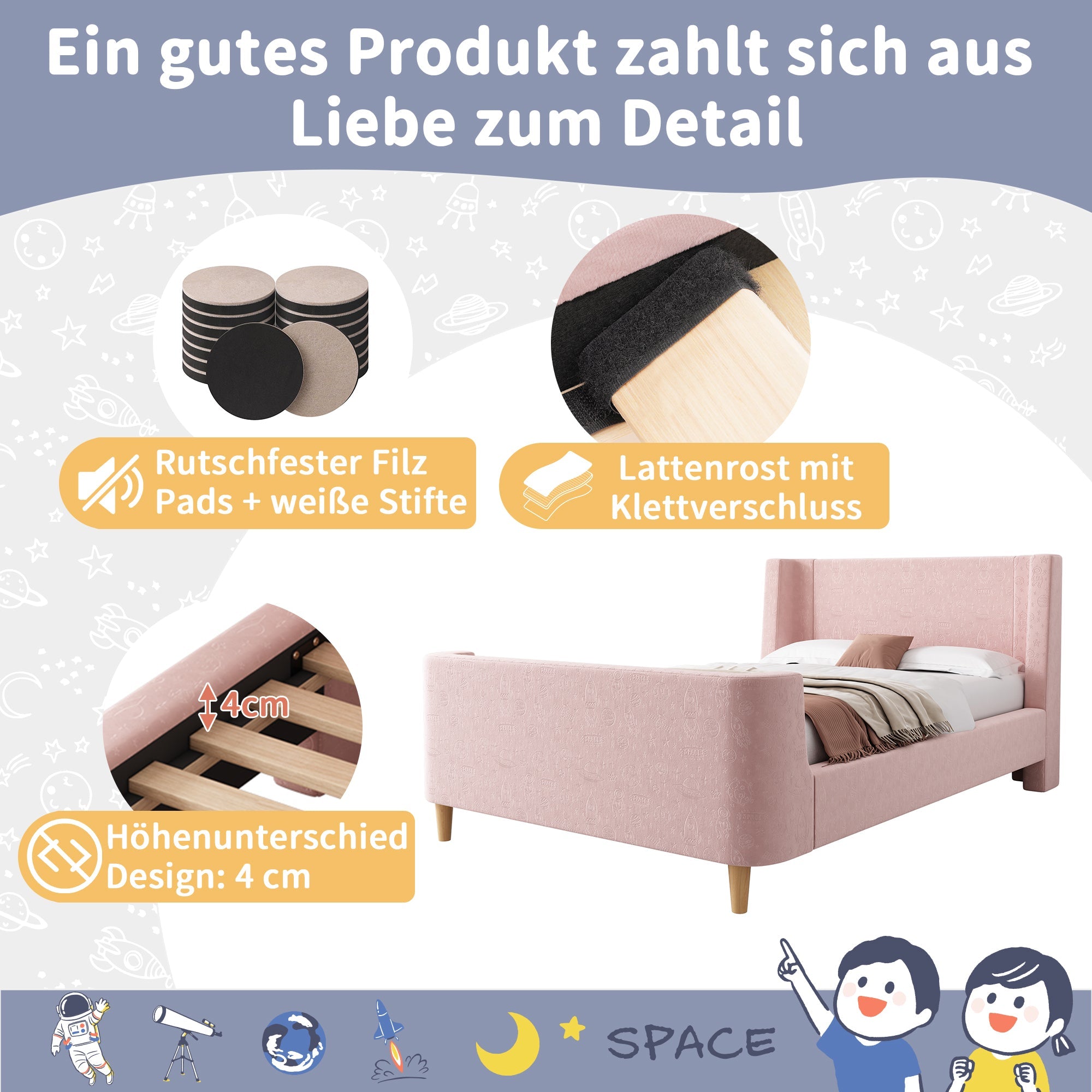 Logidon kinderbed gestoffeerd bed 90x200 roze fluweel sleebed Kosmos