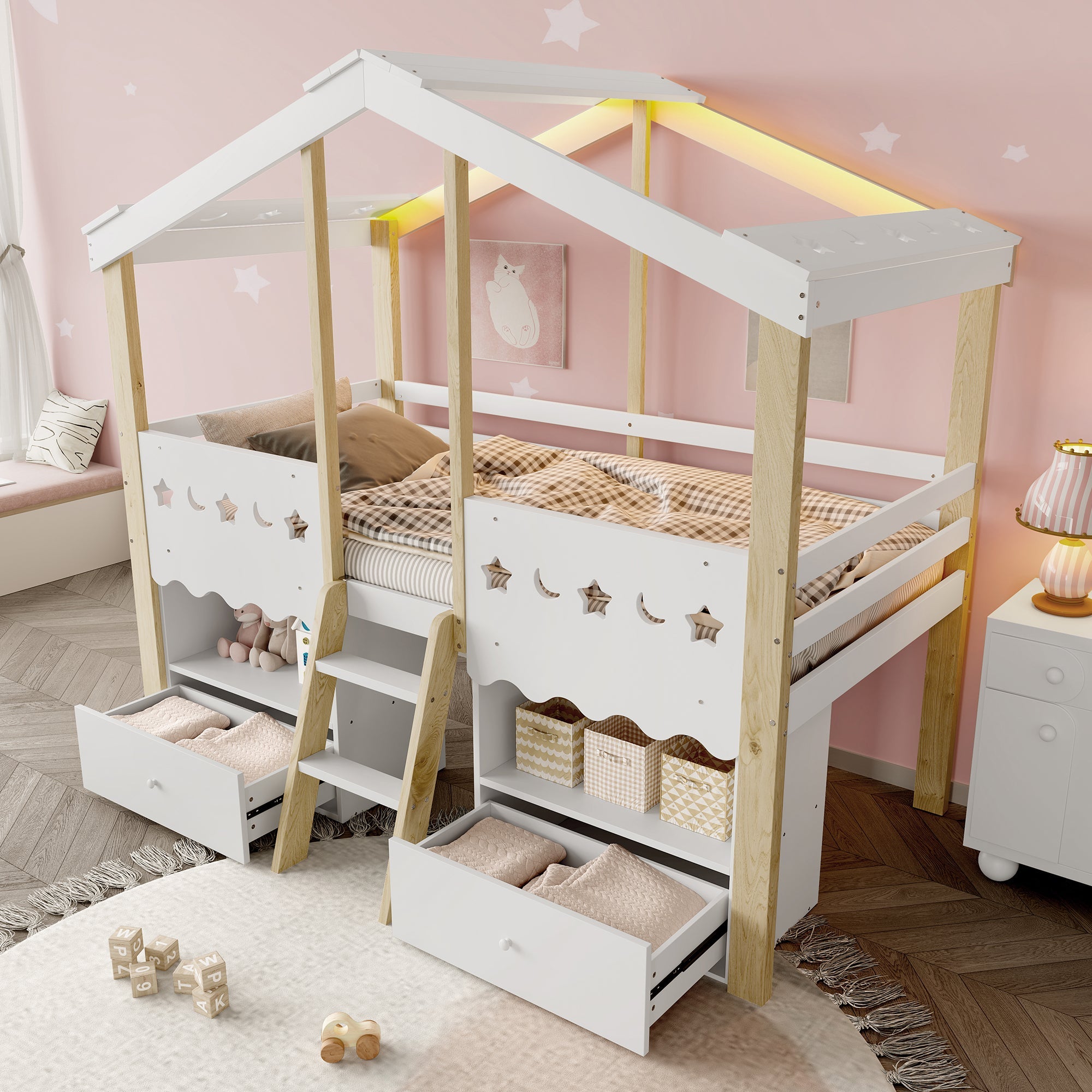 Logidon halfhoogslaper 90x200 huisvorm LED-lichtstrip 2 lades