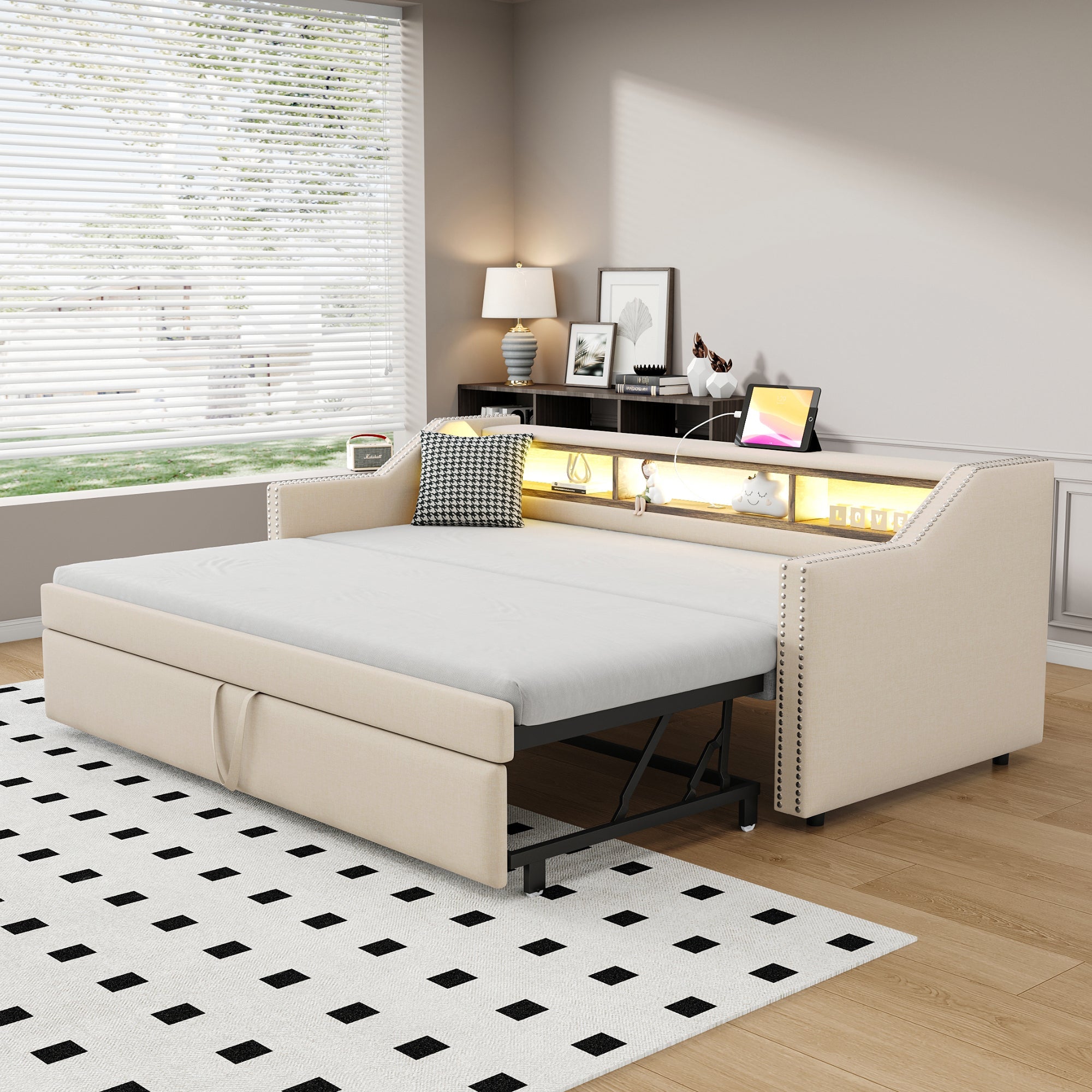 Logidon Upholstered Bed Extendable Sofa Bed 90/180 X 190 Beige Storage Compartment