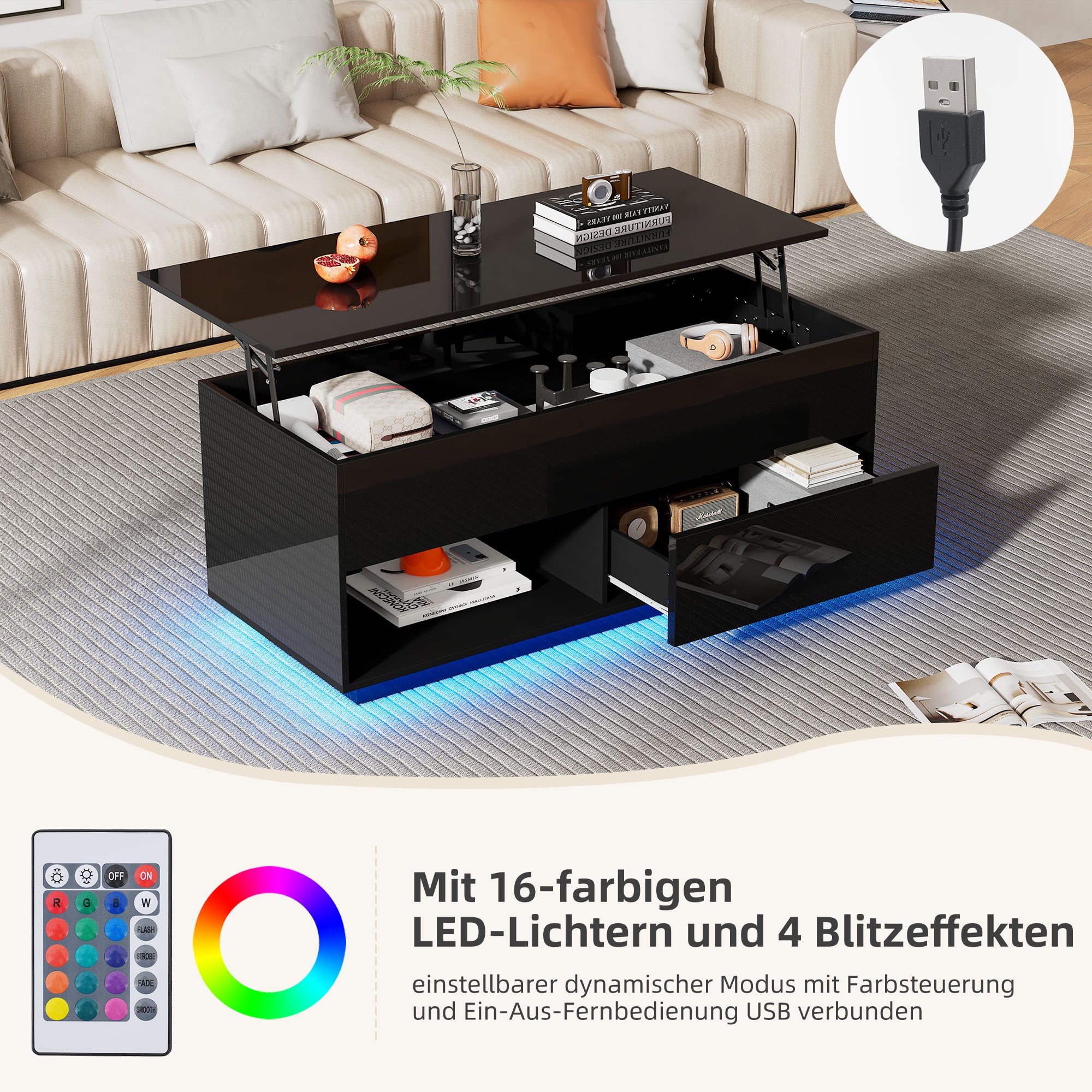 Logidon hoogglans salontafel 100x50x55 cm zwart LED-verlichting