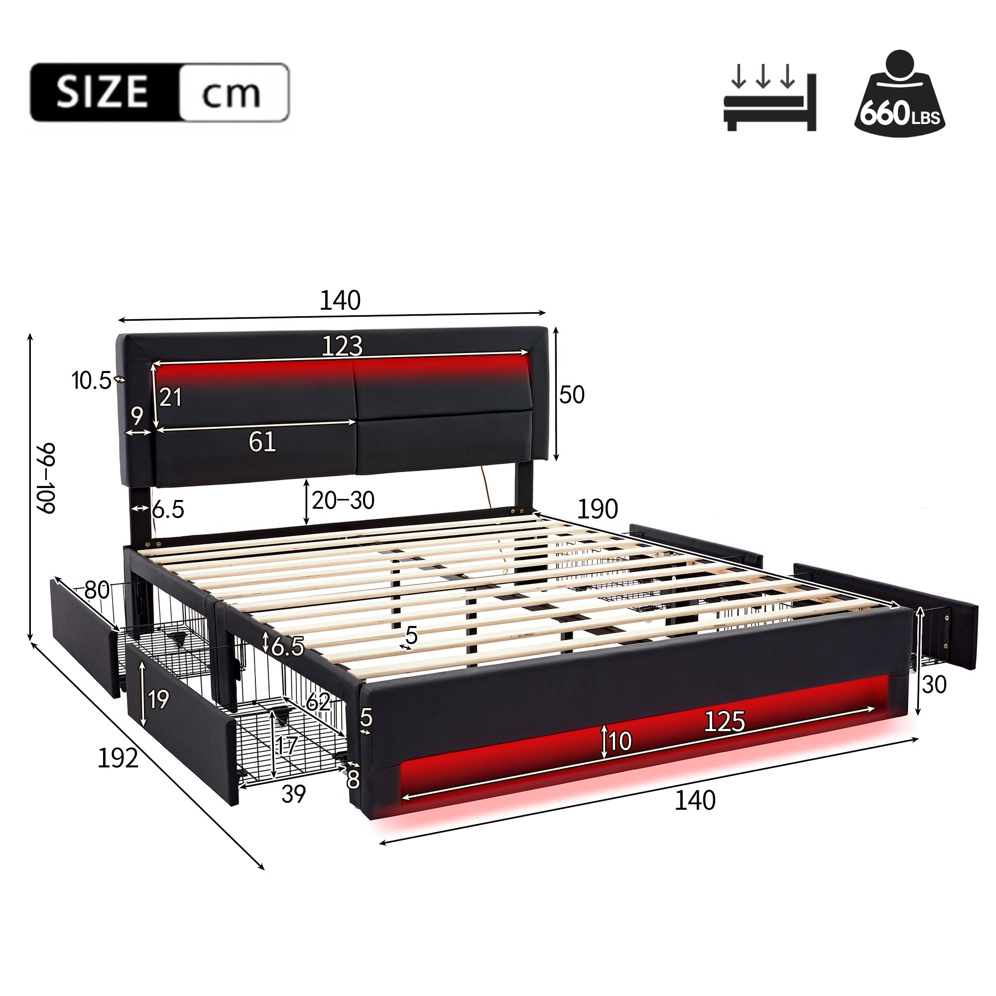 Logidon bed 140x190 cm met USB LED 4 lades zwart