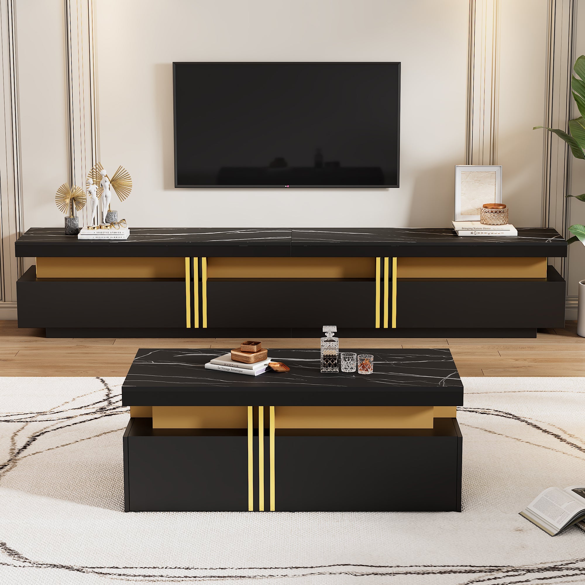 Logidon Zwarte tv-wandmeubelset 2 tv-kast salontafel marmerlook