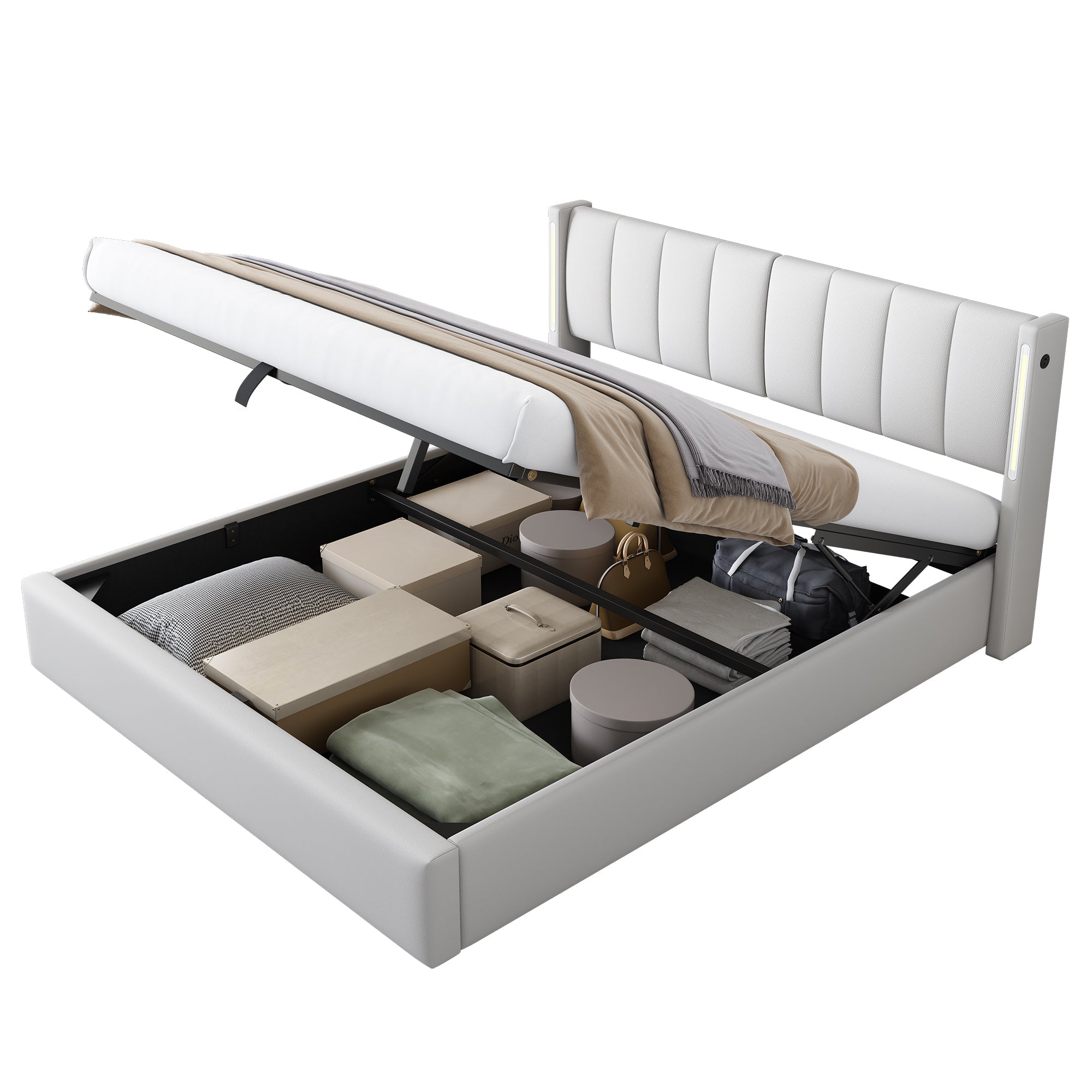 Logidon Binaural LED gestoffeerd bed 160 x 200 cm wit met opbergruimte