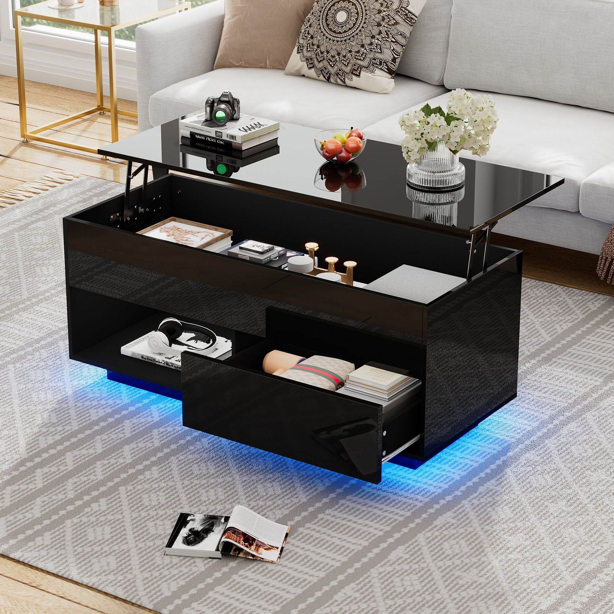 Logidon hoogglans salontafel 100x50x55 cm zwart LED-verlichting
