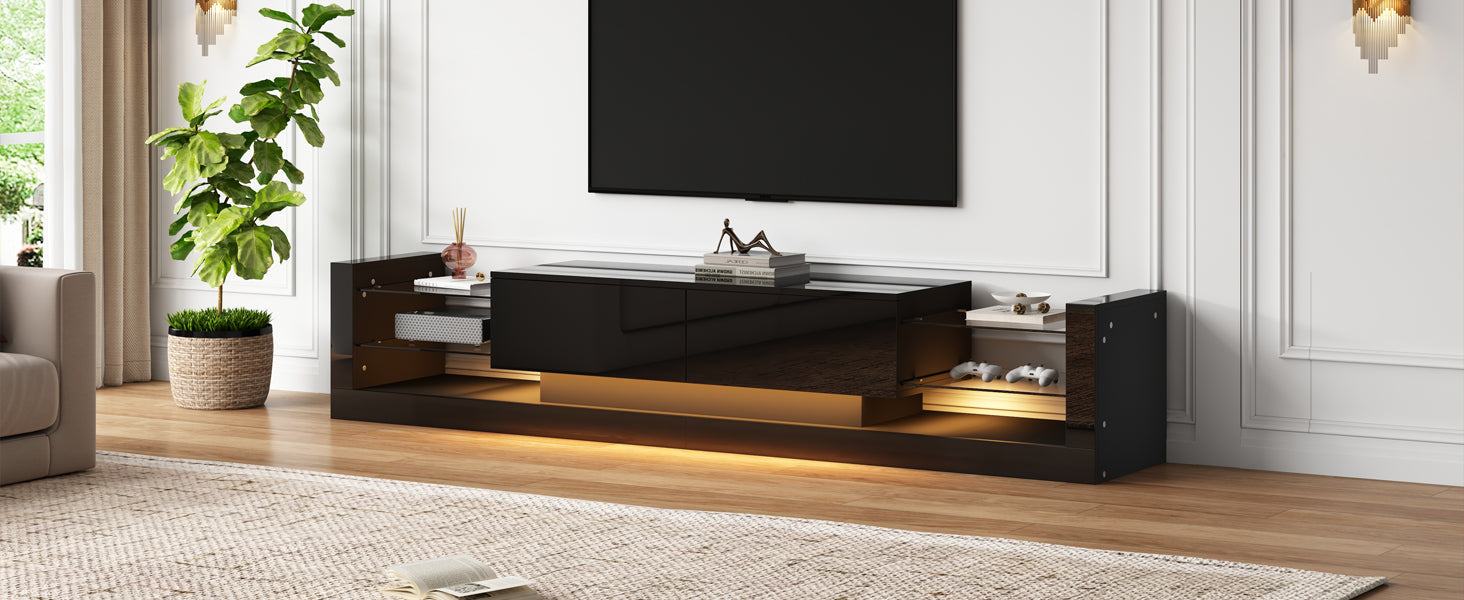 Logidon high-gloss TV cabinet 181 cm LED lighting black glass front