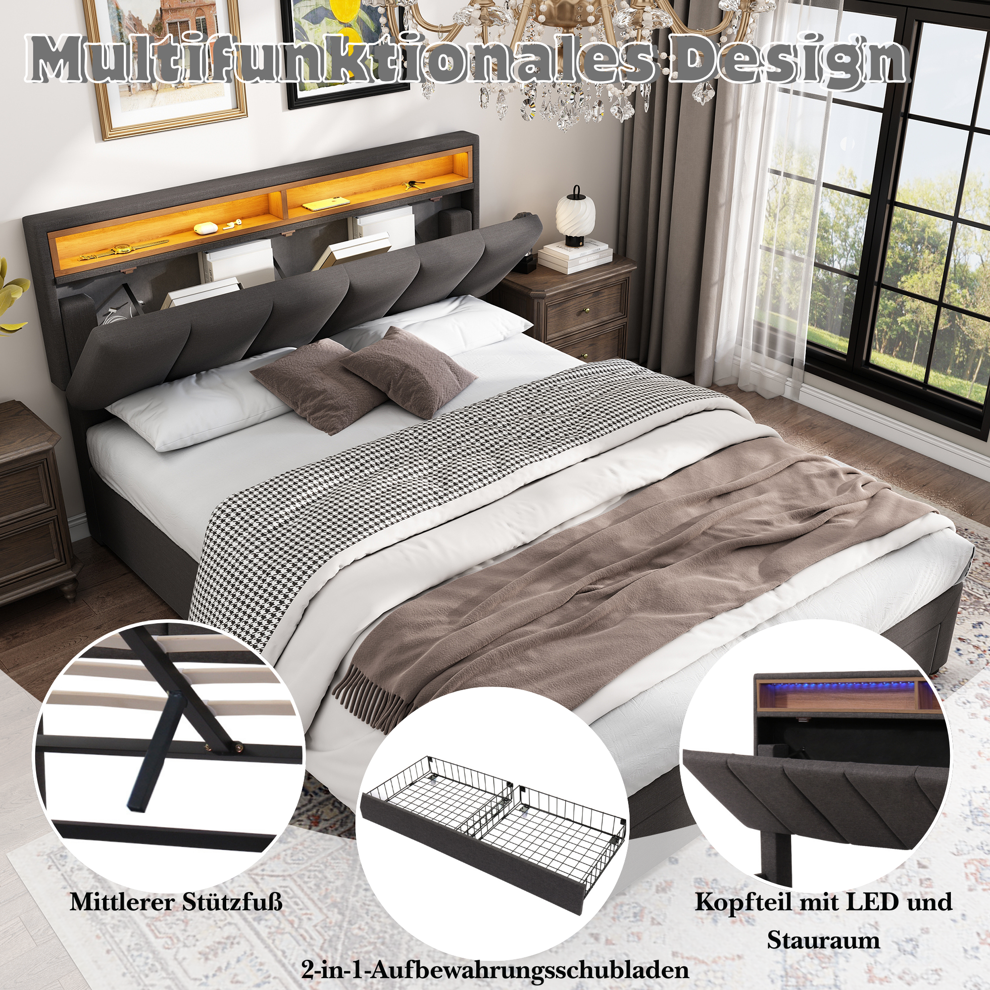 Logidon gestoffeerd bed 140x200 grijs met LED verlichting en opbergruimte