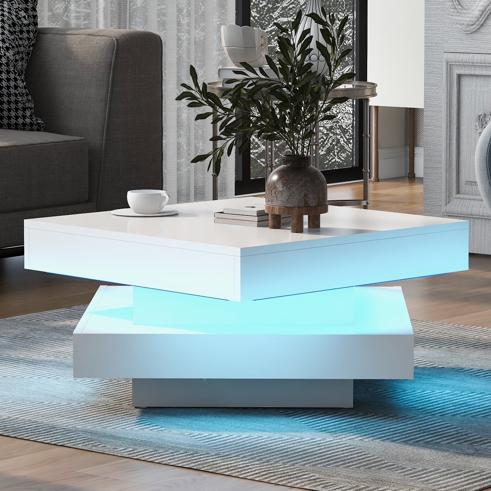 Logidon witte hoogglans salontafel 70x70x36 cm met draaiplaat en 16-kleuren LED