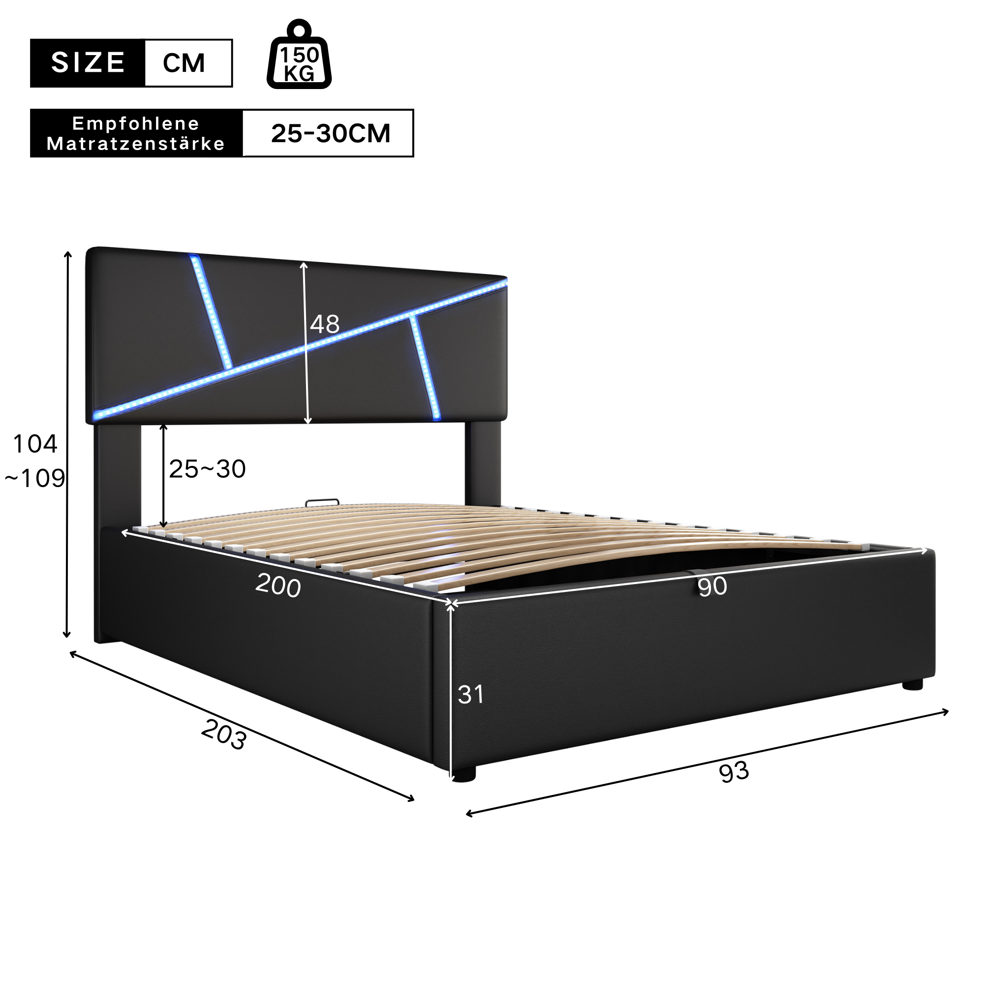 Logidon comfortabel gestoffeerd bed 90x200 zwarte LED-lichtstrips