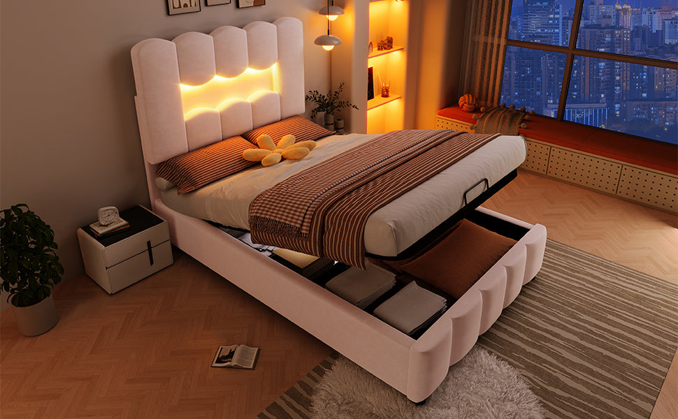 Logidon upholstered bed 90x200 pink velvet LED lighting hydraulic