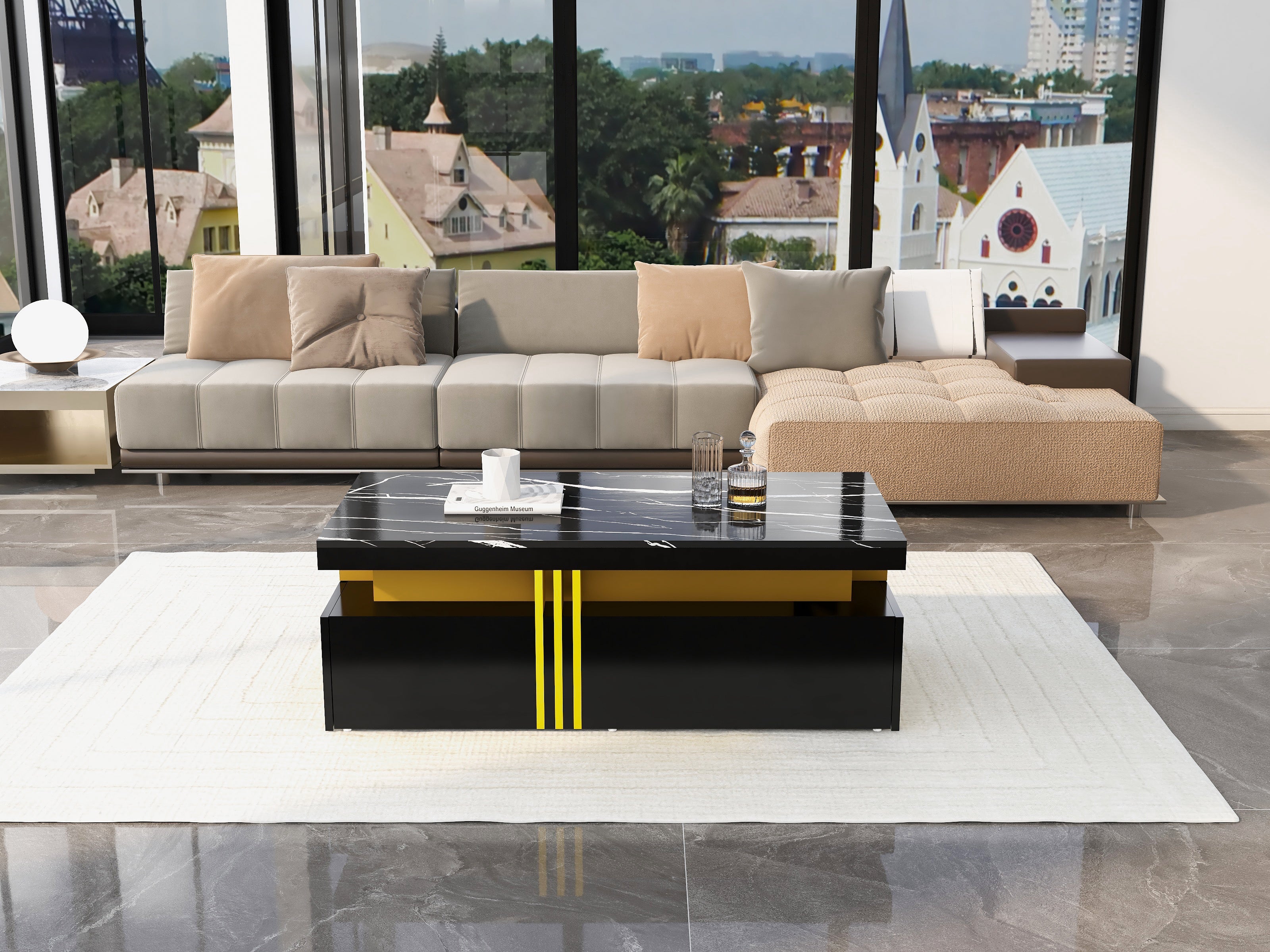 Logidon Zwarte tv-wandmeubelset 2 tv-kast salontafel marmerlook