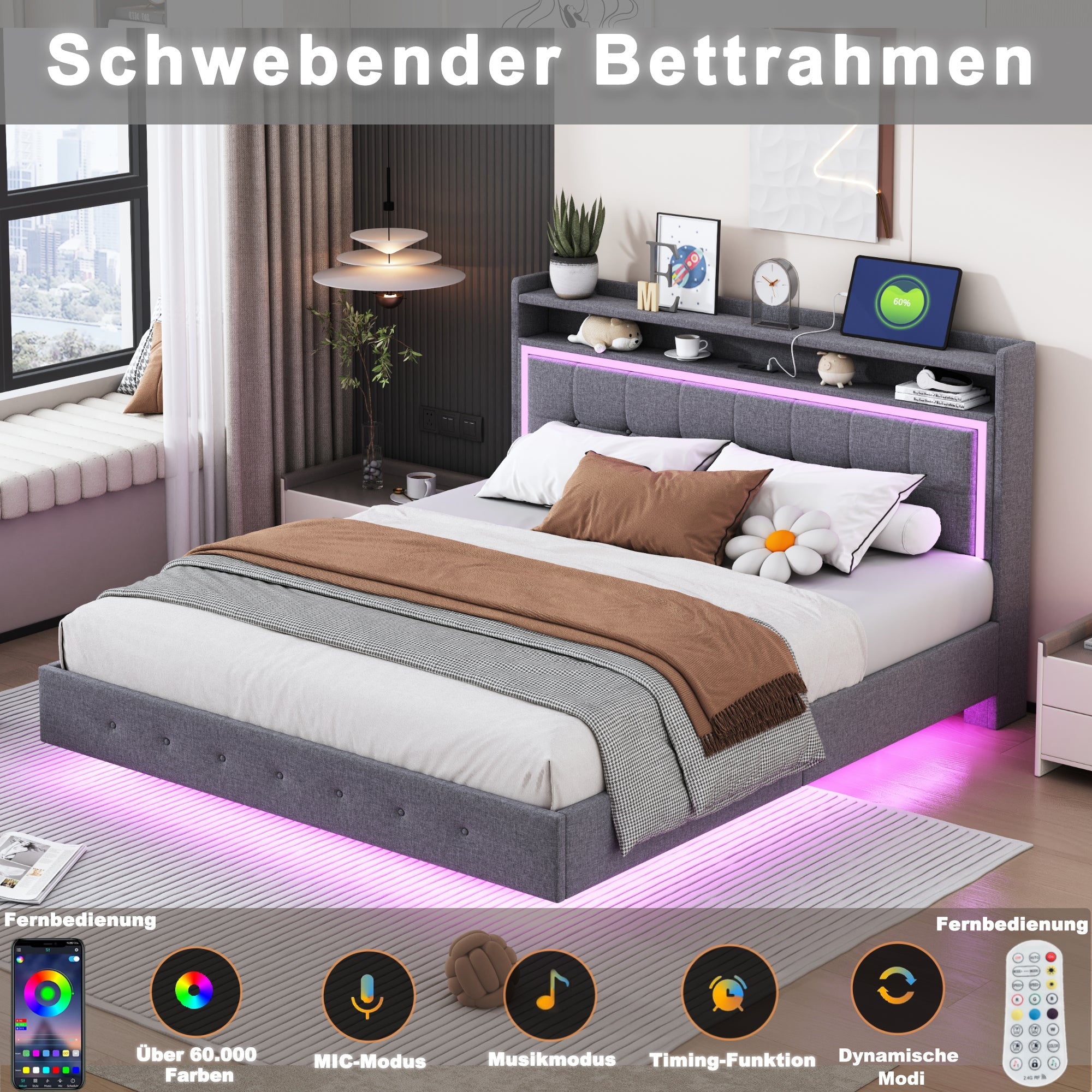 Logidon gestoffeerd bed 160x200 met USB-oplaadfunctie en LED lichtgrijs