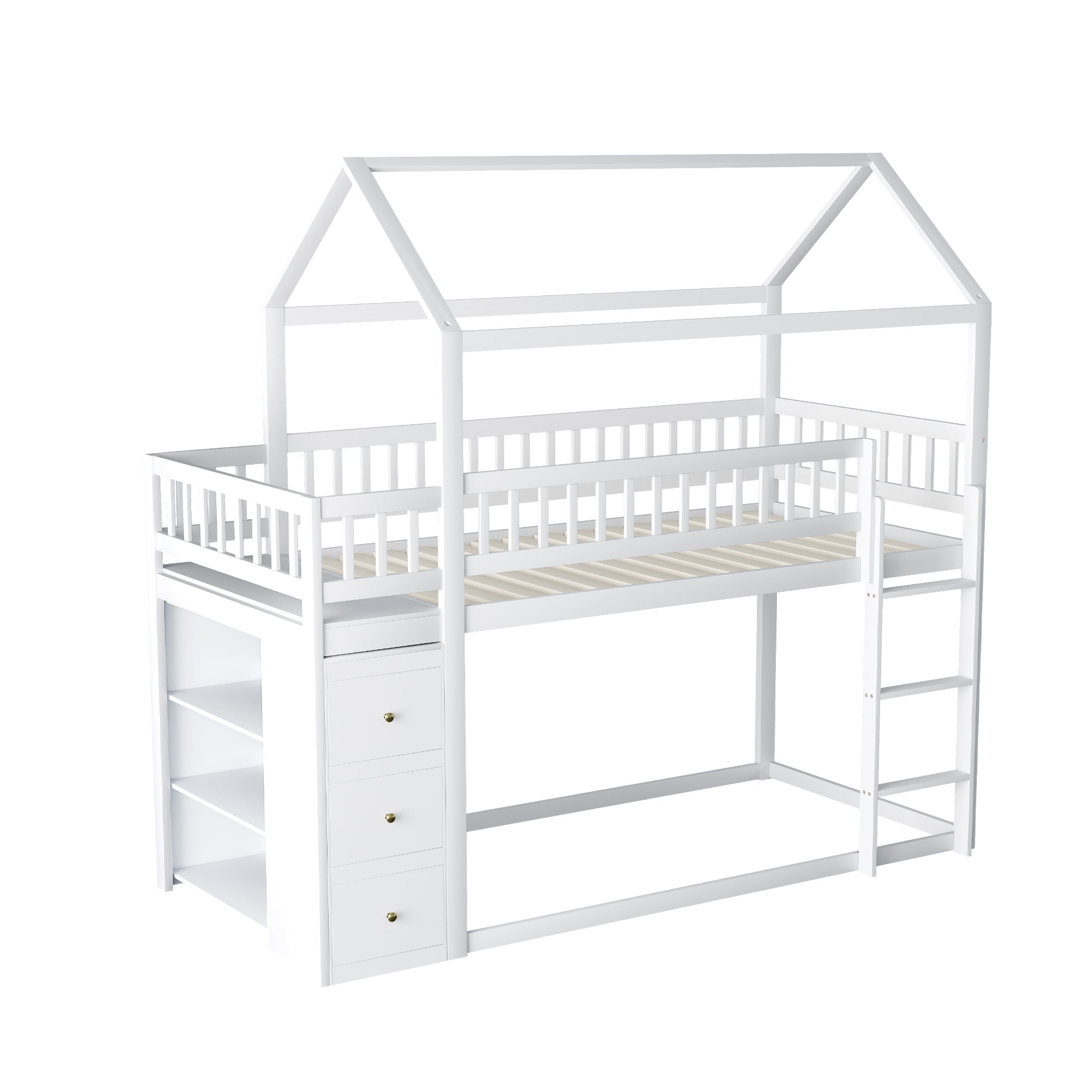 Logidon Bunk Bed 90x200 House Shape White With Security Fence Storage