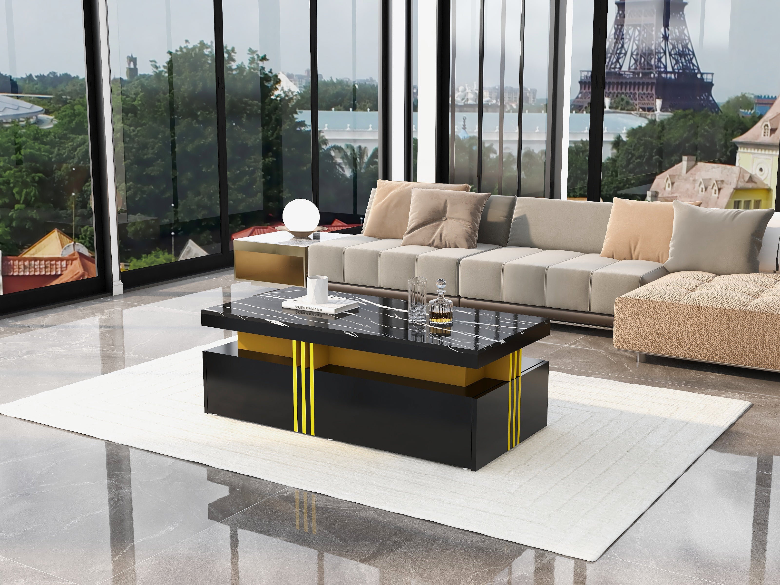 Logidon Zwarte tv-wandmeubelset 2 tv-kast salontafel marmerlook
